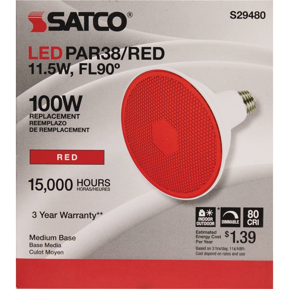 Satco 100W Equivalent PAR38 Medium Base Red LED Light Bulb