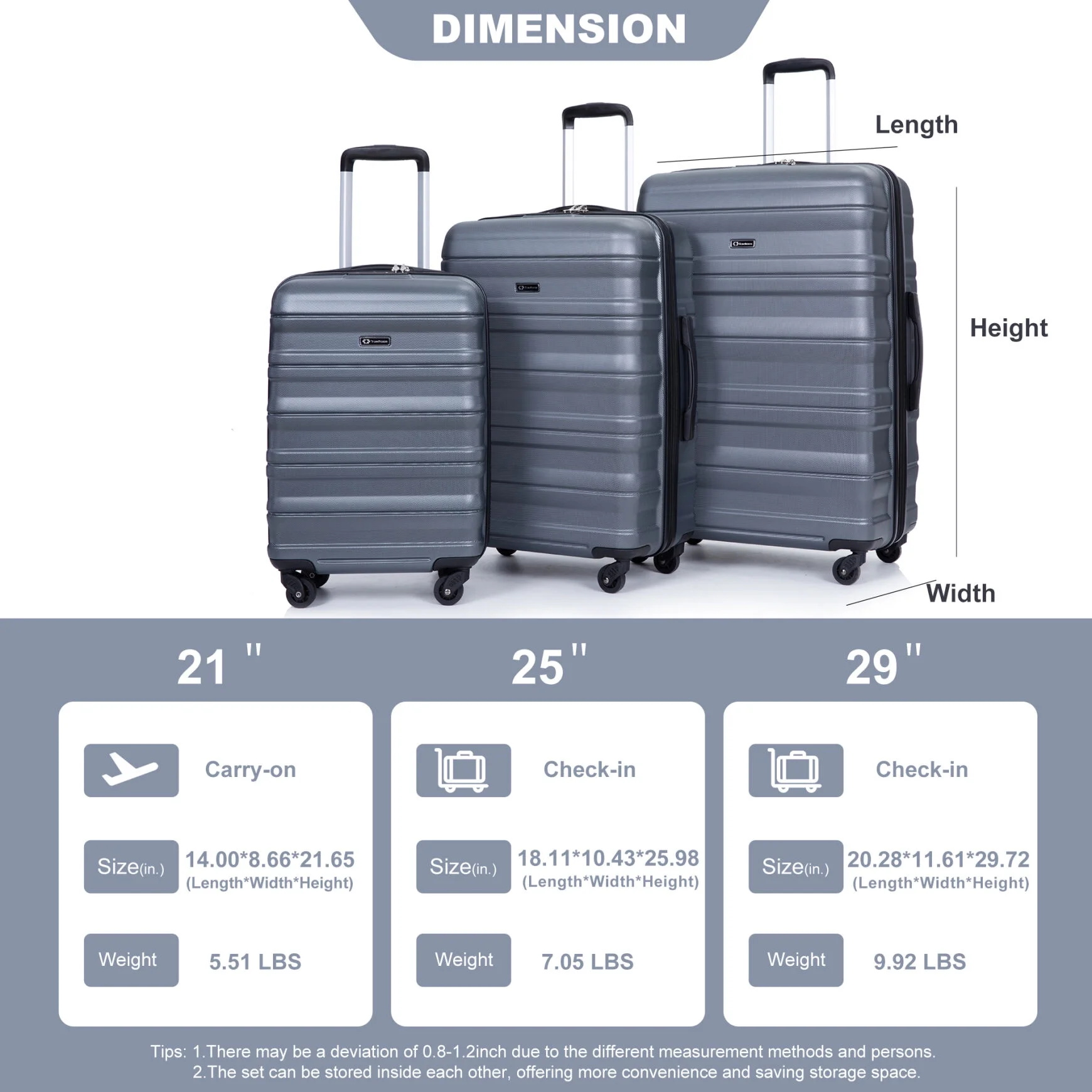 3 Piece Luggage Sets, PC Lightweight Durable Expandable Suitcase with 2 Hooks and TSA Lock, Suitcases with Wheels,21in 25in 29in,Gray