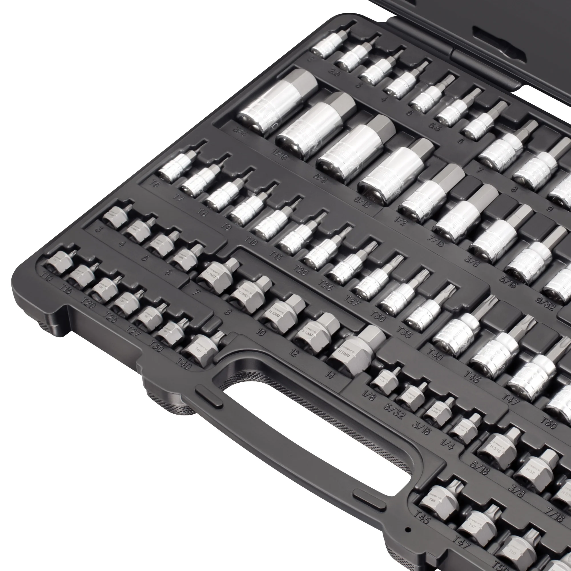 Carbyne 80-Piece Torx, SAE Hex (Allen) & Metric Hex (Allen) Bit Socket Set with 30 Super Short Bit Sockets, Cr-V Steel Sockets, S2 Steel Bits, Durable Storage Case