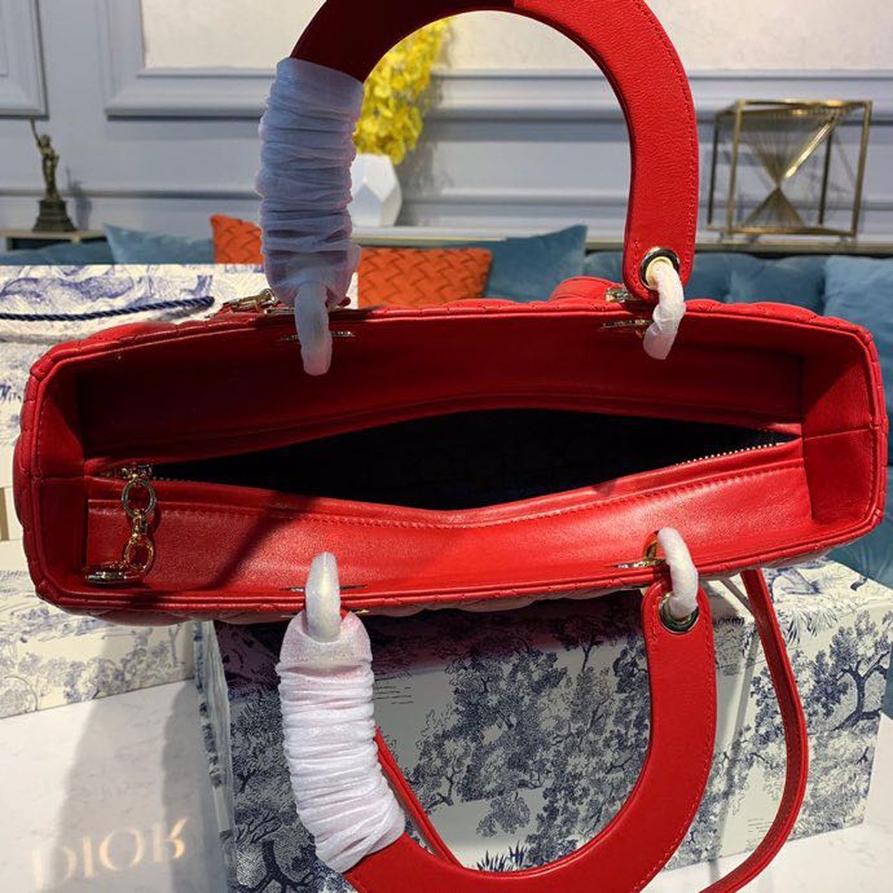 Christian Dior Large Lady Dior Bag Gold Toned Hardware Cherry Red Cannage For Women CD 12.5in/32cm M0566ONGE_M52R1:1High-quality replica