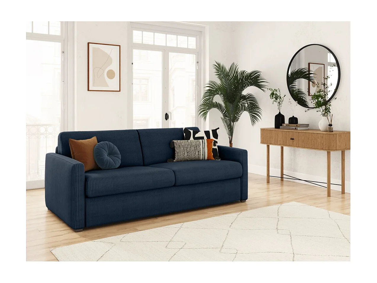Canapé convertible express 3 places Agathe 140x190cm en velours côtelé - Bleu foncé - Matelas 13cm - L178 x P96 x H88cm - Loungitude