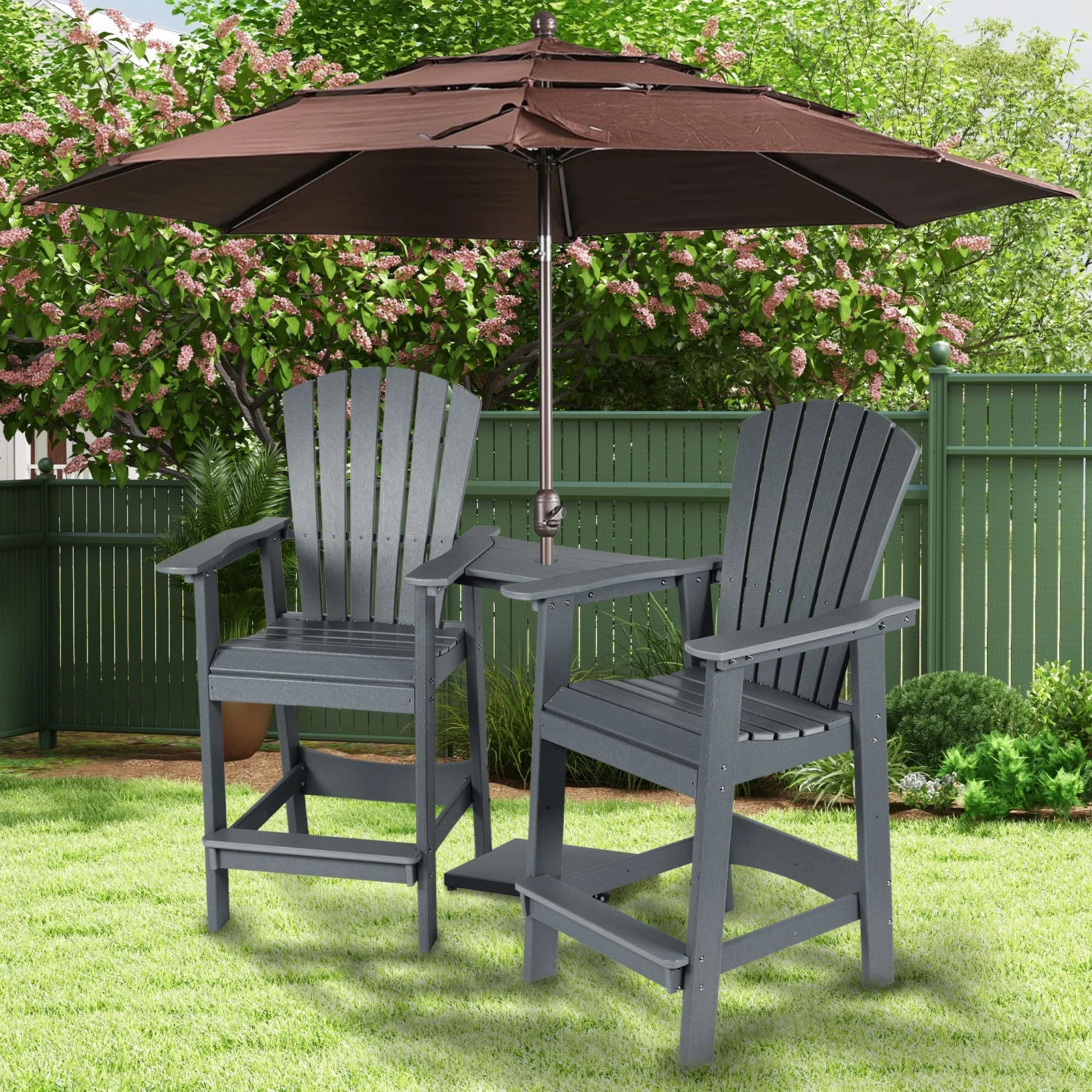Aoodor Tall Adirondack Chairs Set of 2, HDPE Outdoor Bar Stools with Connecting Tray, Patio Furniture for Backyard, Garden, or Balcony (Gray)