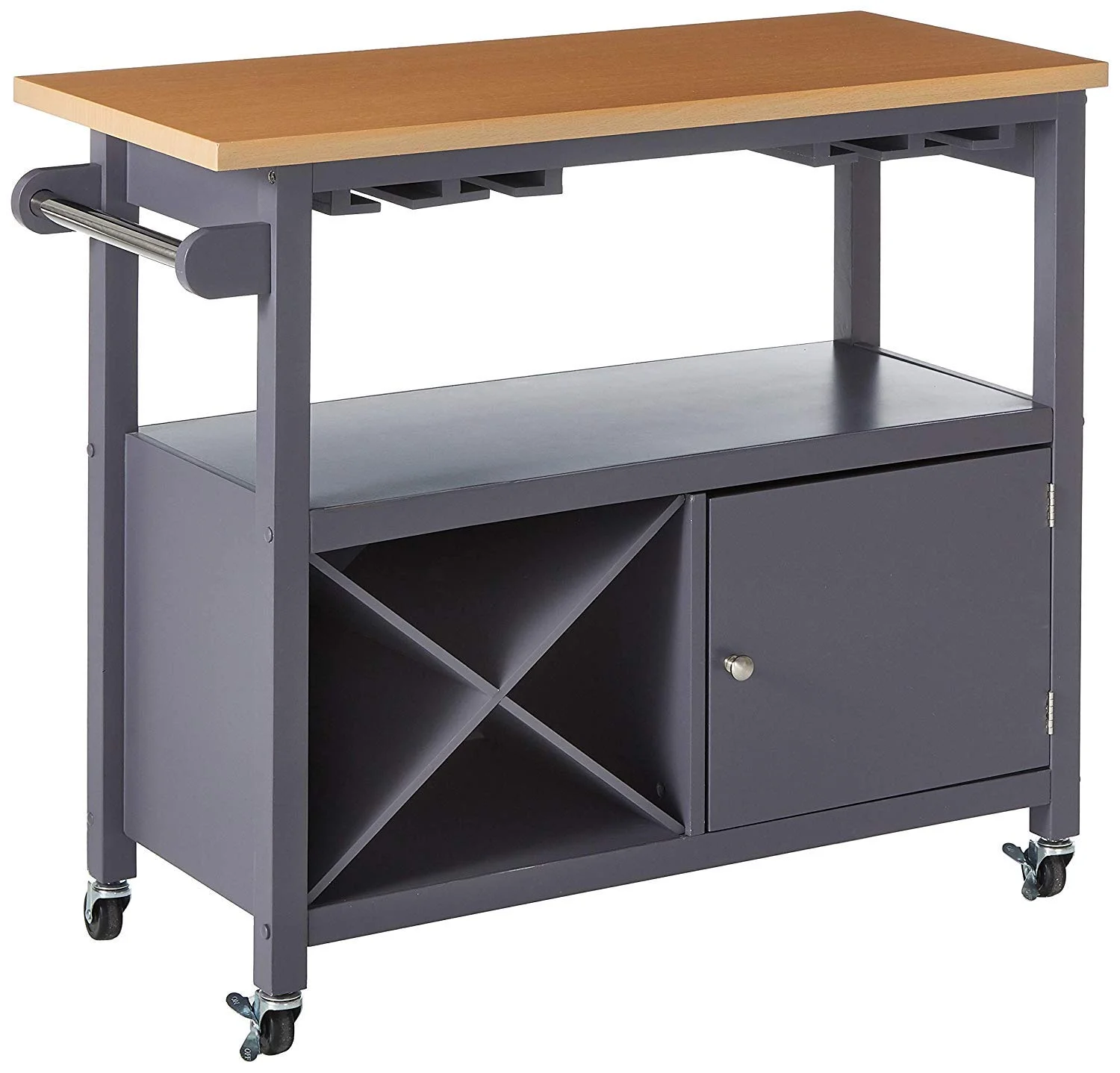 Jose Portable Kitchen Island Serving Cart With Storage Cabinet & Wine Rack, Gray & Natural Wood, Transitional