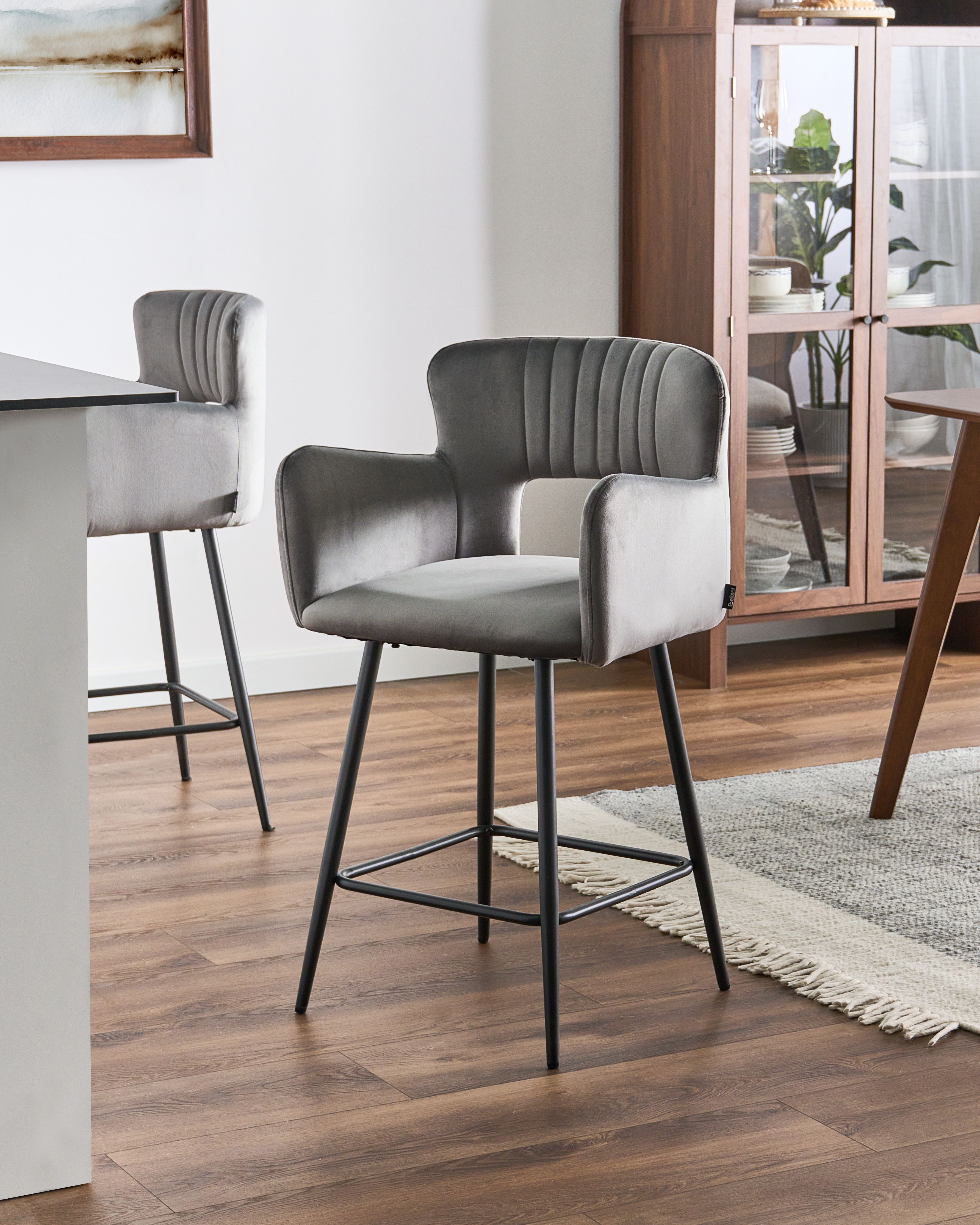 Set of 2 Bar Chairs SANILAC Velvet Light Grey
