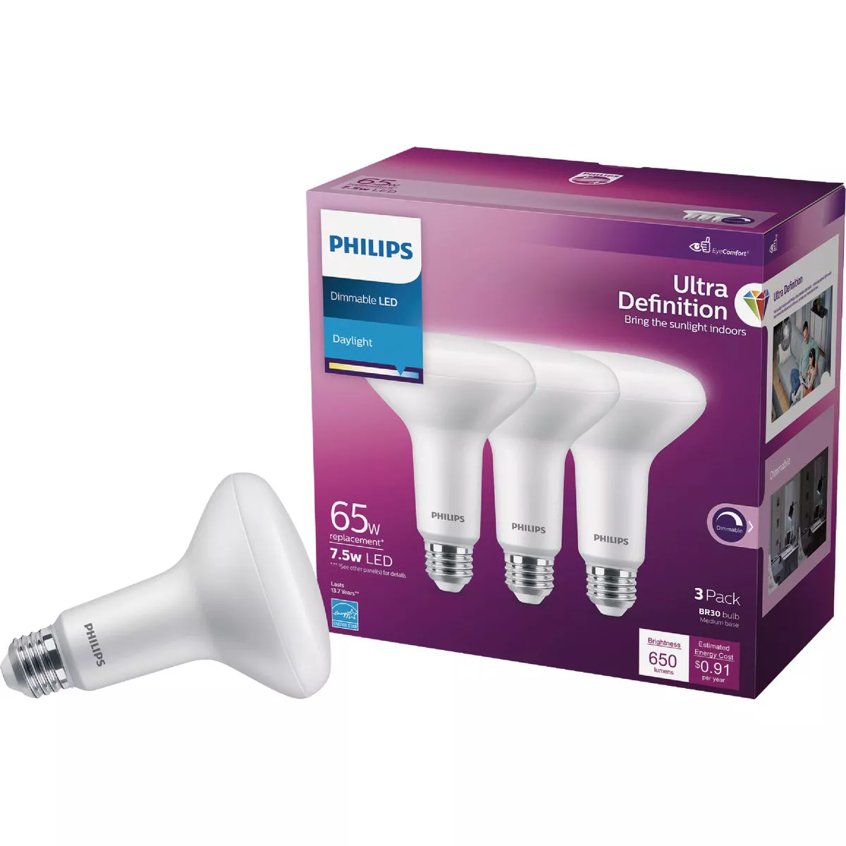 Philips Ultra Definition 65W Equivalent BR30 Medium Daylight LED Floodlight Light Bulb (3-Pack)