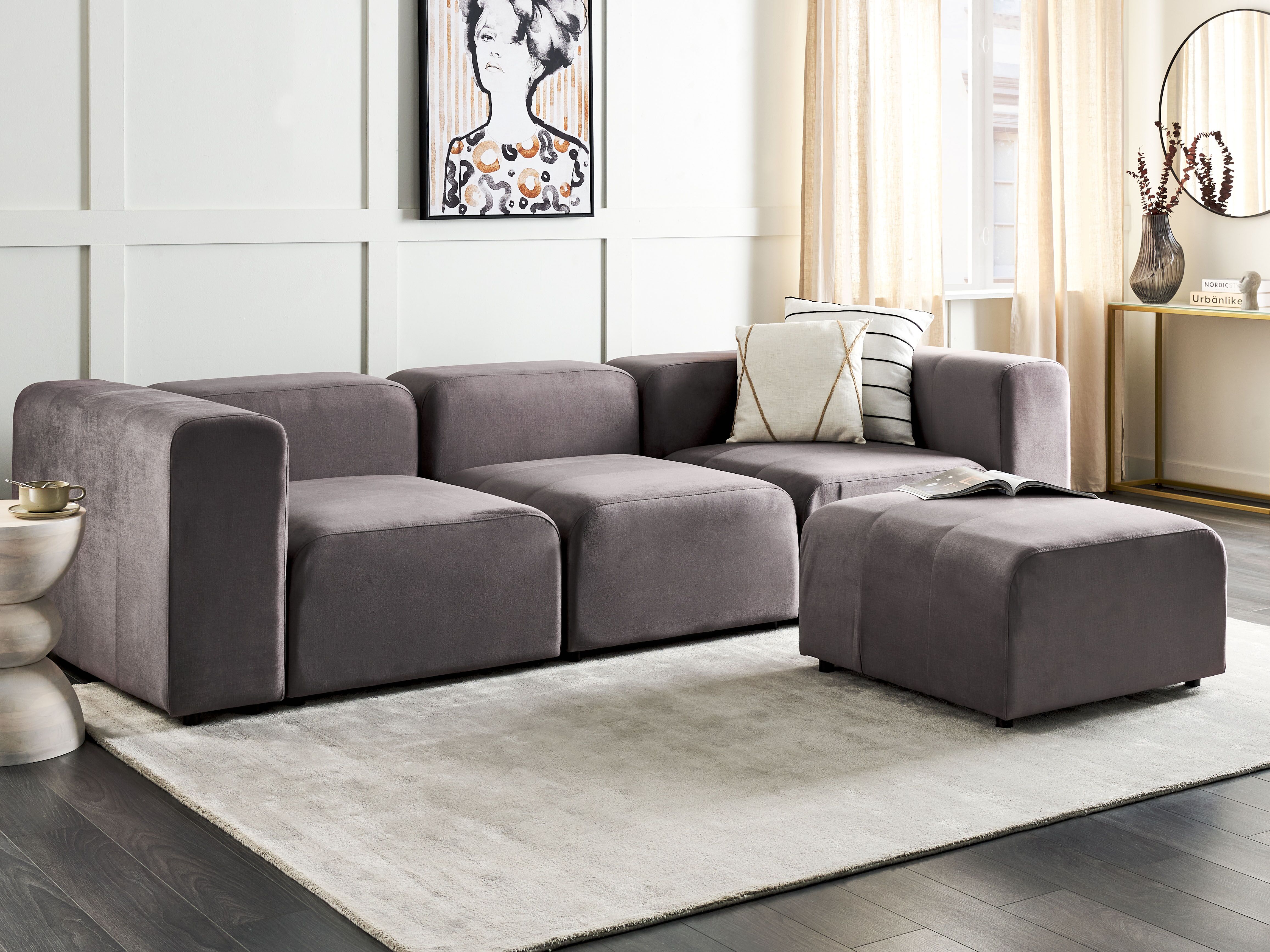 Modular Sofa 3 Seater FALSTERBO Velvet Dark Grey with Ottoman
