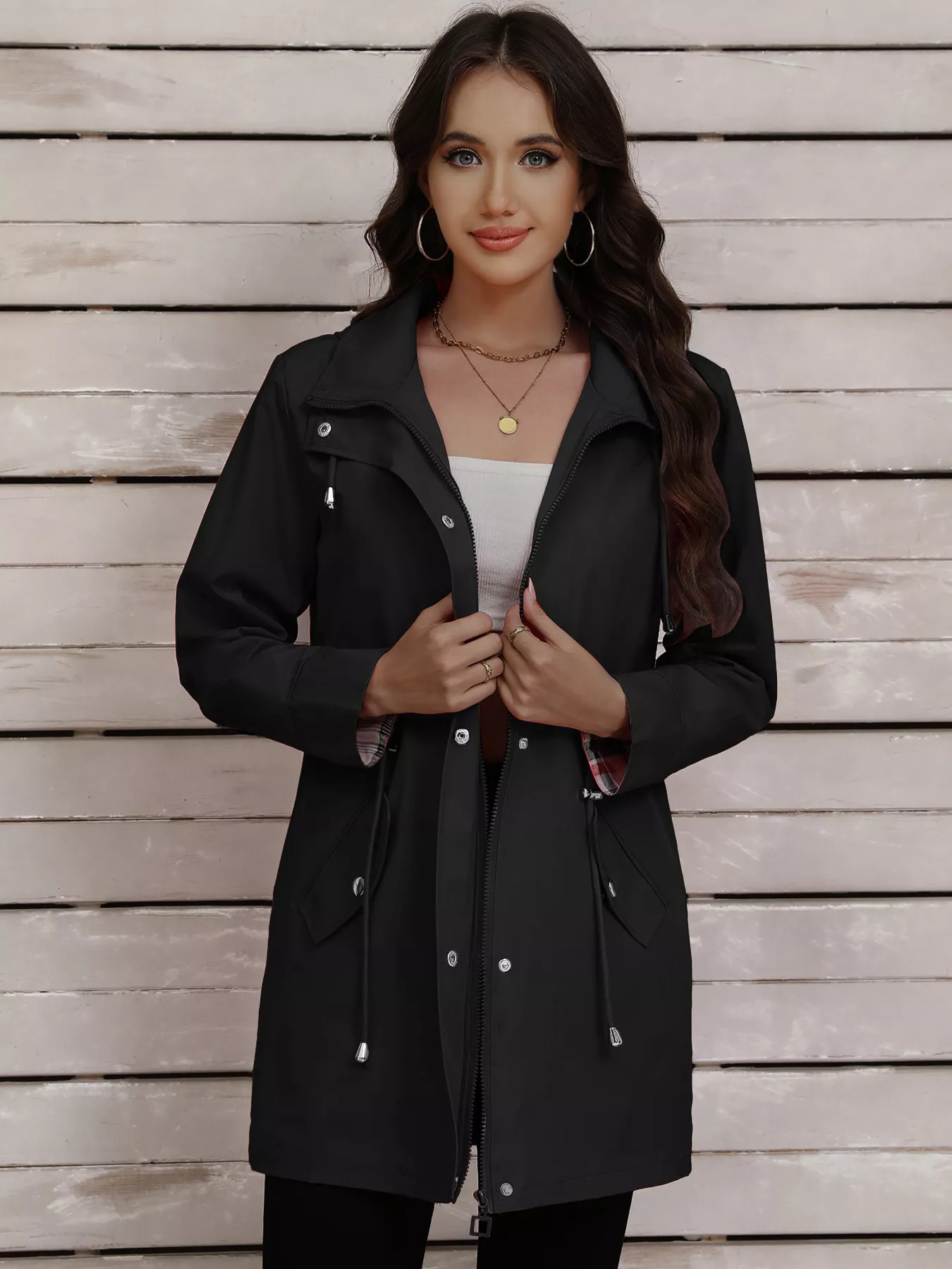 Drawstring Snap-Down Trench Coat - ZKZOOK