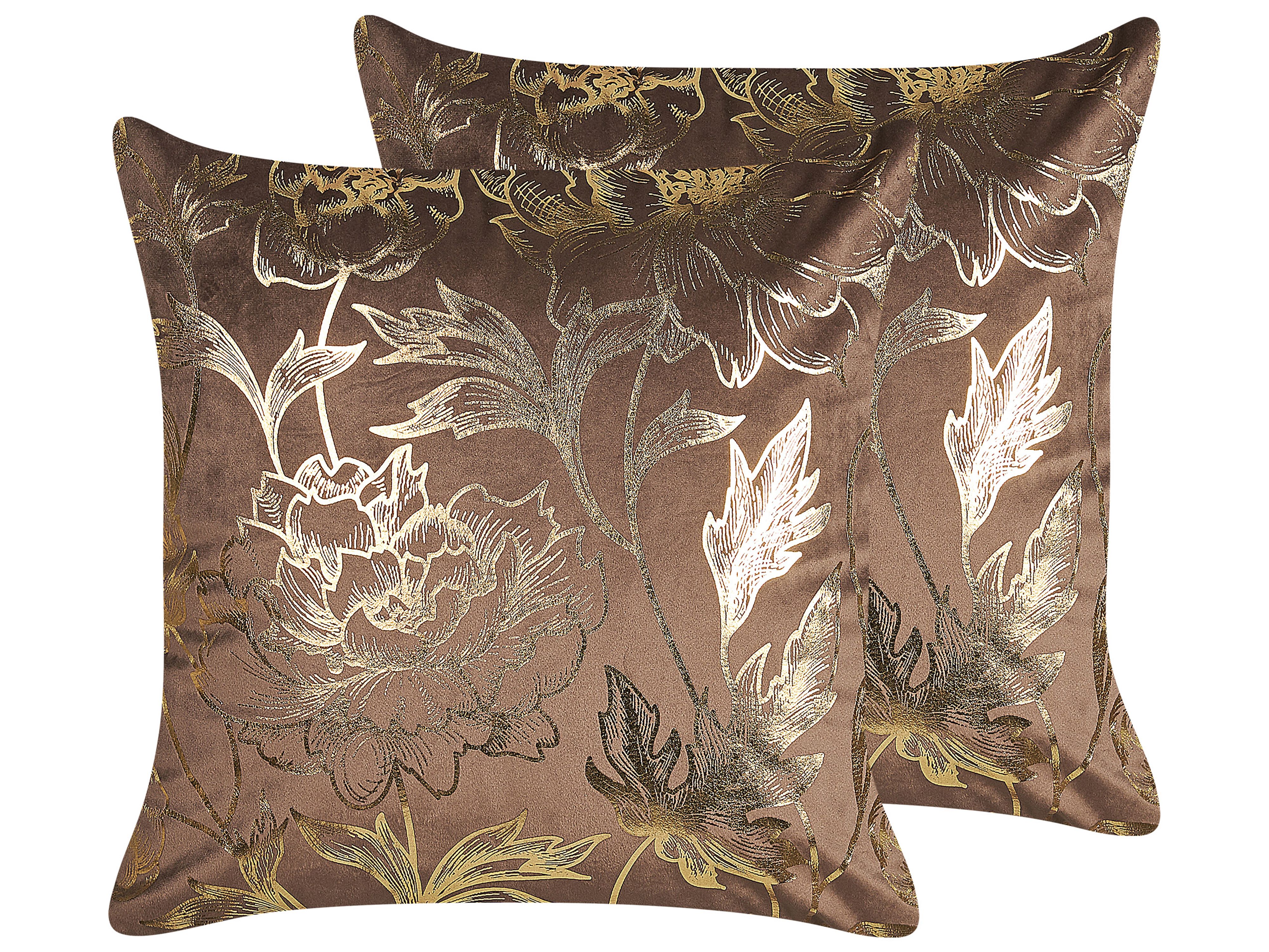 Set of 2 Decorative Cushions DAFFODIL Velvet 45 x 45 cm Brown Floral Pattern