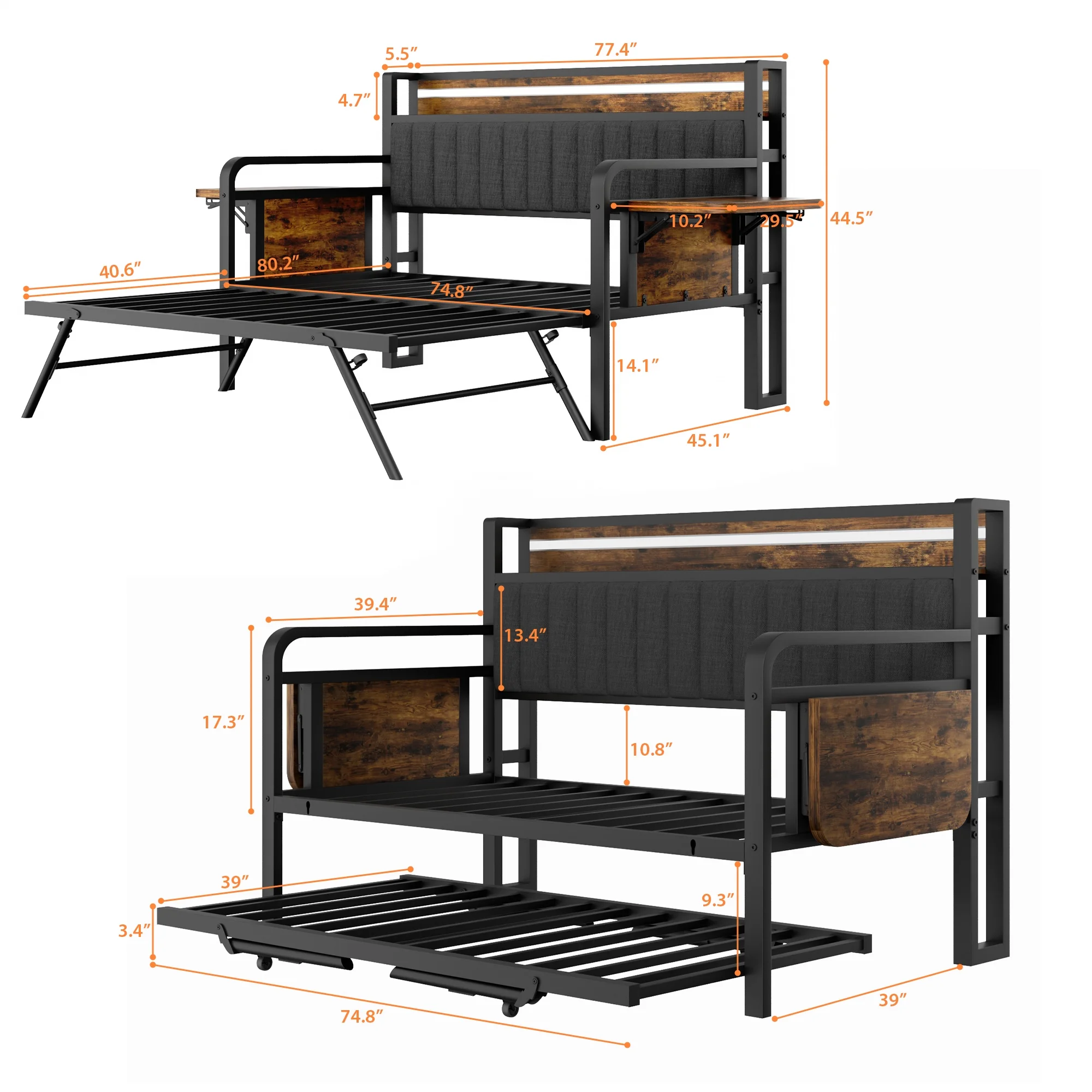 Anyact Daybed with Side Table/Charging Station/Upholstered Storage Headboard/LED Light/Pop-upTrundle, Industrial Heavy Duty Metal Twin Sofa Bed Frame for Guest Living Room/Bedroom,Black&Brown