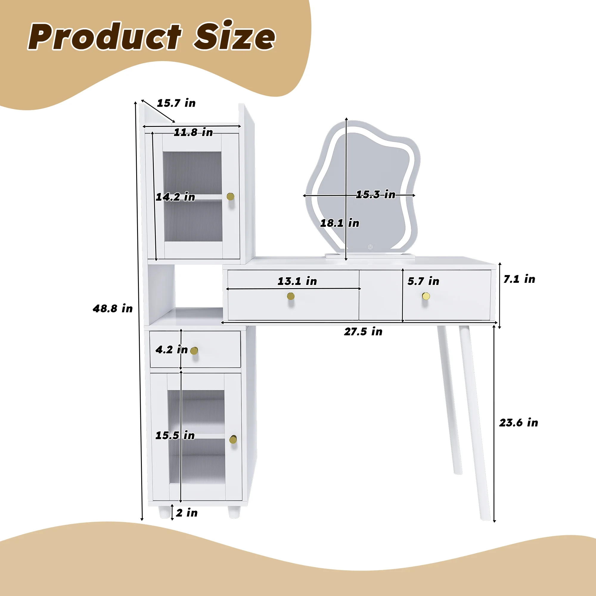 Montary Modern Mini Vanity w/Adjustable LED Mirror + Hidden Storage, Padded Stool & Dustproof Shelves (White) - Image 15