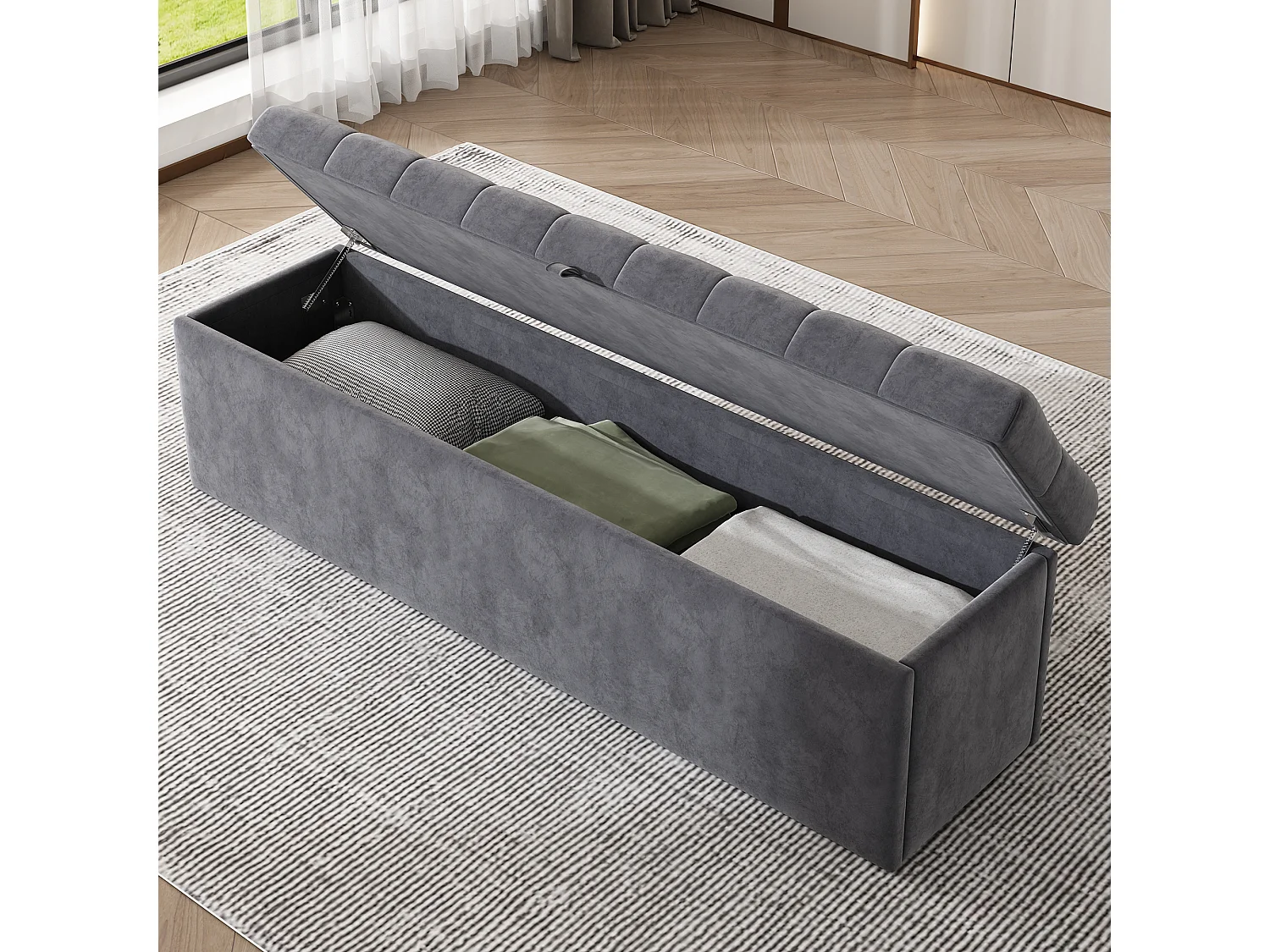 Banc coffre 138x41x42 cm de lit banc rembourré avec rangement - cadre en bois - velours - gris