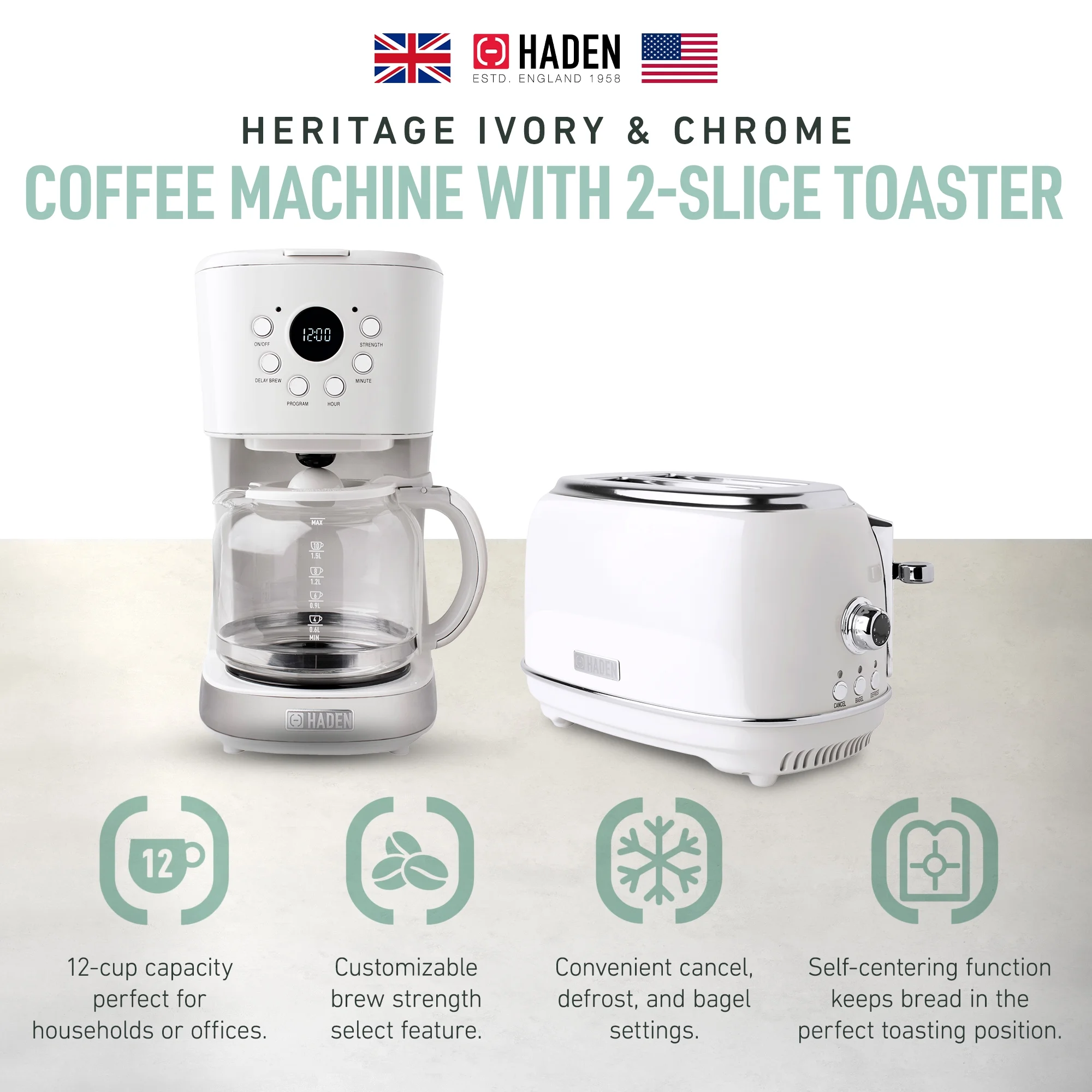 Haden 12 Cup Coffee Maker with 2 Slice Stainless Steel Bread Toaster, White