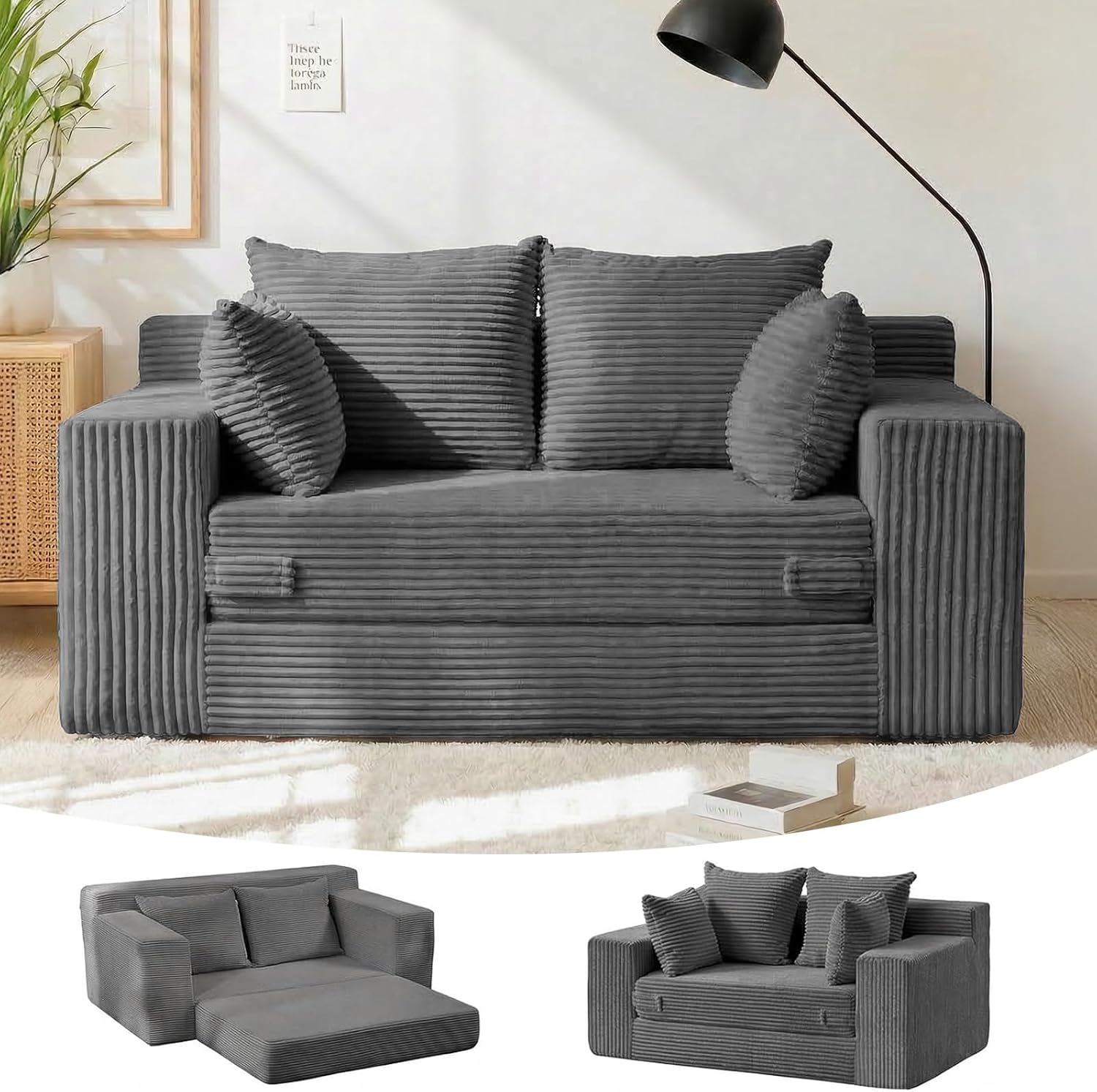 Winzon Boneless Loveseat, 3 in 1 Convertible Sofa Bed Sleeper Sofa Floor Futon Bed with 4 Pillows, 55