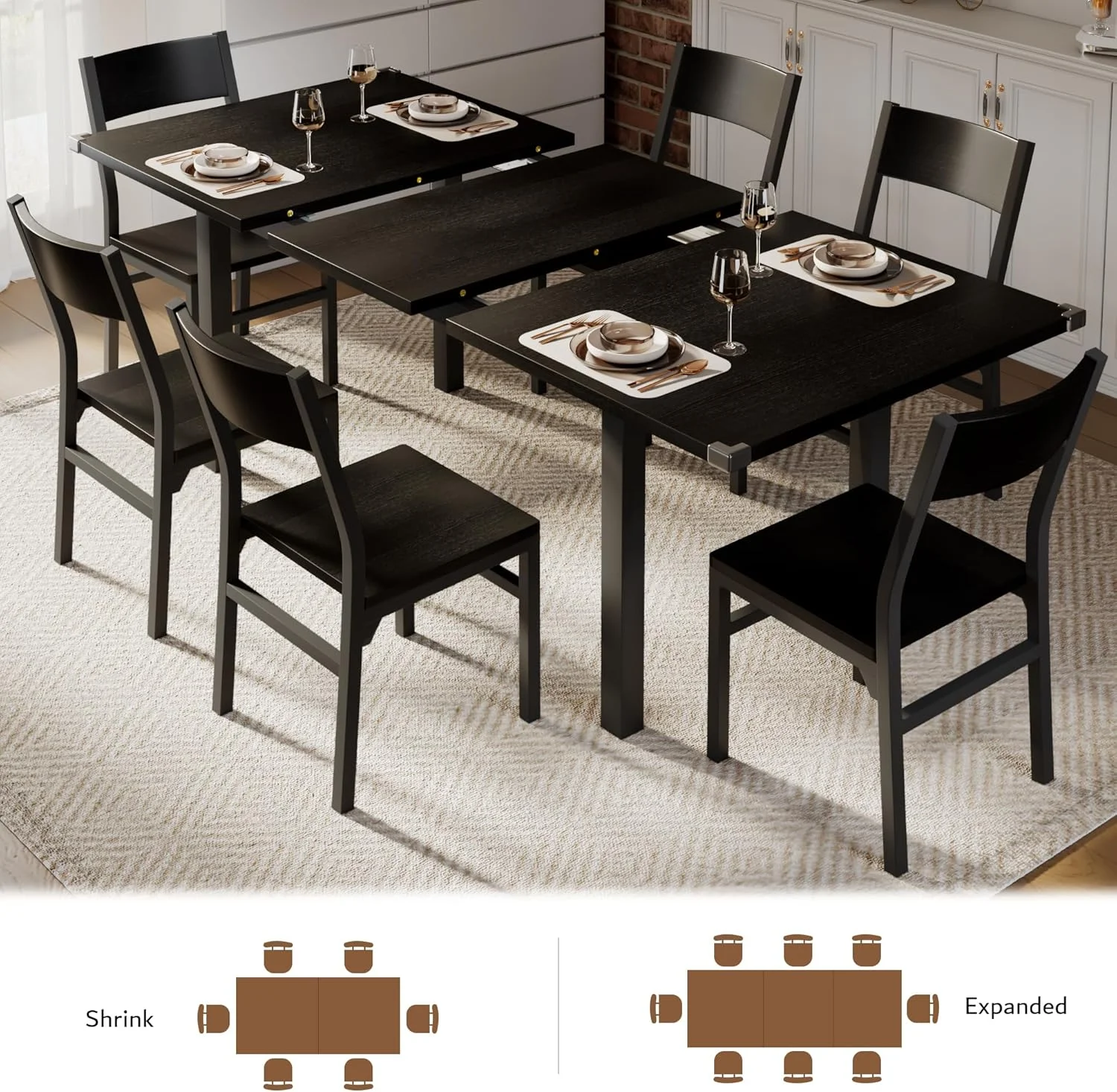 iPormis 63" Extendable Dining Table for 4-8, Square Wooden Dining Room Table with Metal Base, Modern Extendable Table for Small Kitchens, Dining Office Areas, Black - Image 4