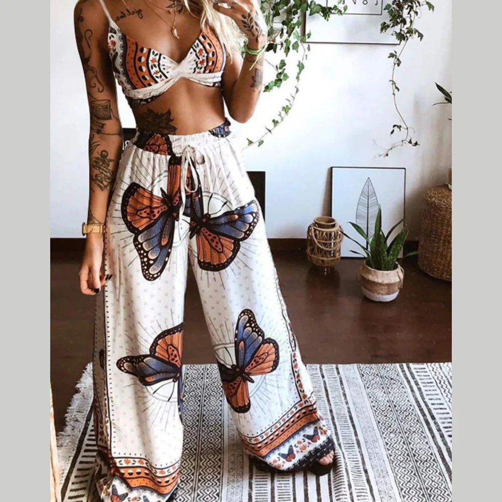 Boho Butterfly Print Top and Pants Set - ZKZOOK