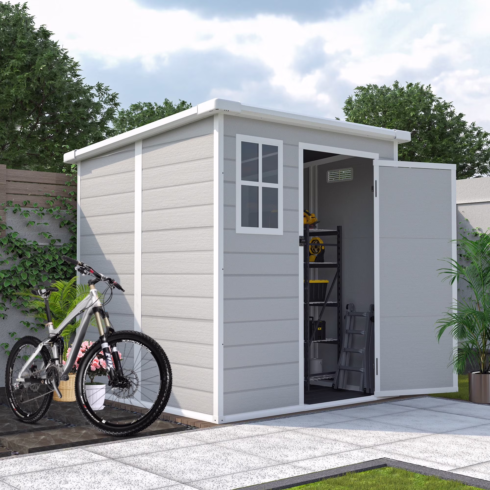 Seizeen Shed and Outdoor Storage, 41 Cu.Ft Small Outdoor Resin Shed with 3 Doors & Floor, 306GAL Deck Box Waterproof Plastic Tool Storage Shed for Cushion Lawn Mower Garbage Cans - Image 3