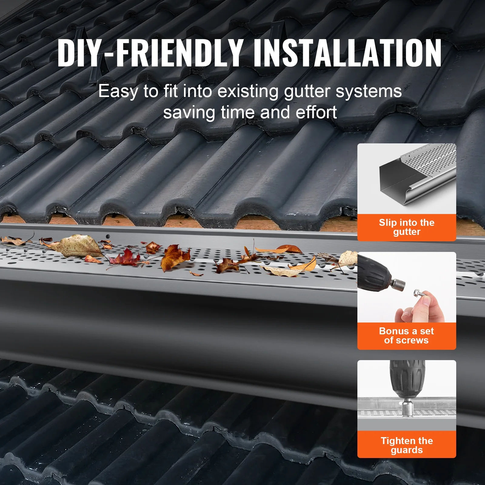VEVOR Gutter Guard, 5 inch Width, Aluminum Leaf Filter DIY Gutter Cover, 52 PCS 208 ft Total Length, 0.157'' Hole Diameter & 0.02'' Thick Raptor Gutter Guards Fits Any Roof or Gutter Type - Image 5