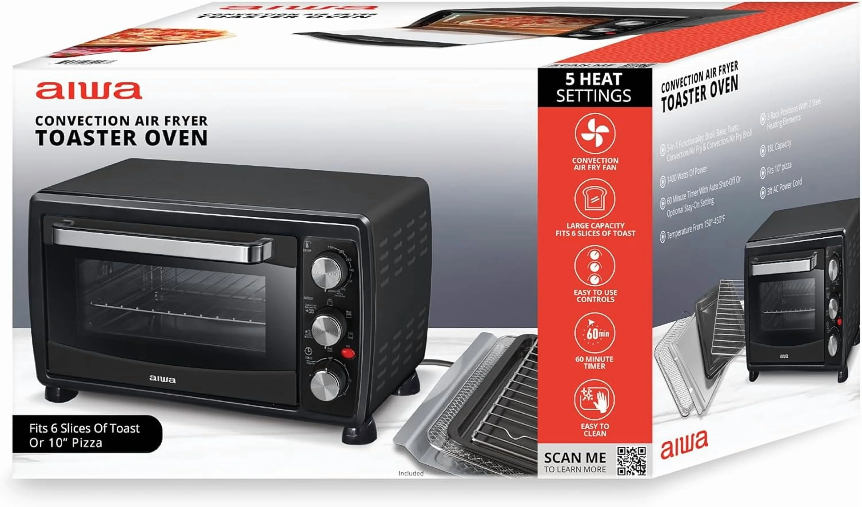 Aiwa Convection Toaster Oven, Countertop Oven with Bake, Toast, & Broil Functions, 1400W, Black