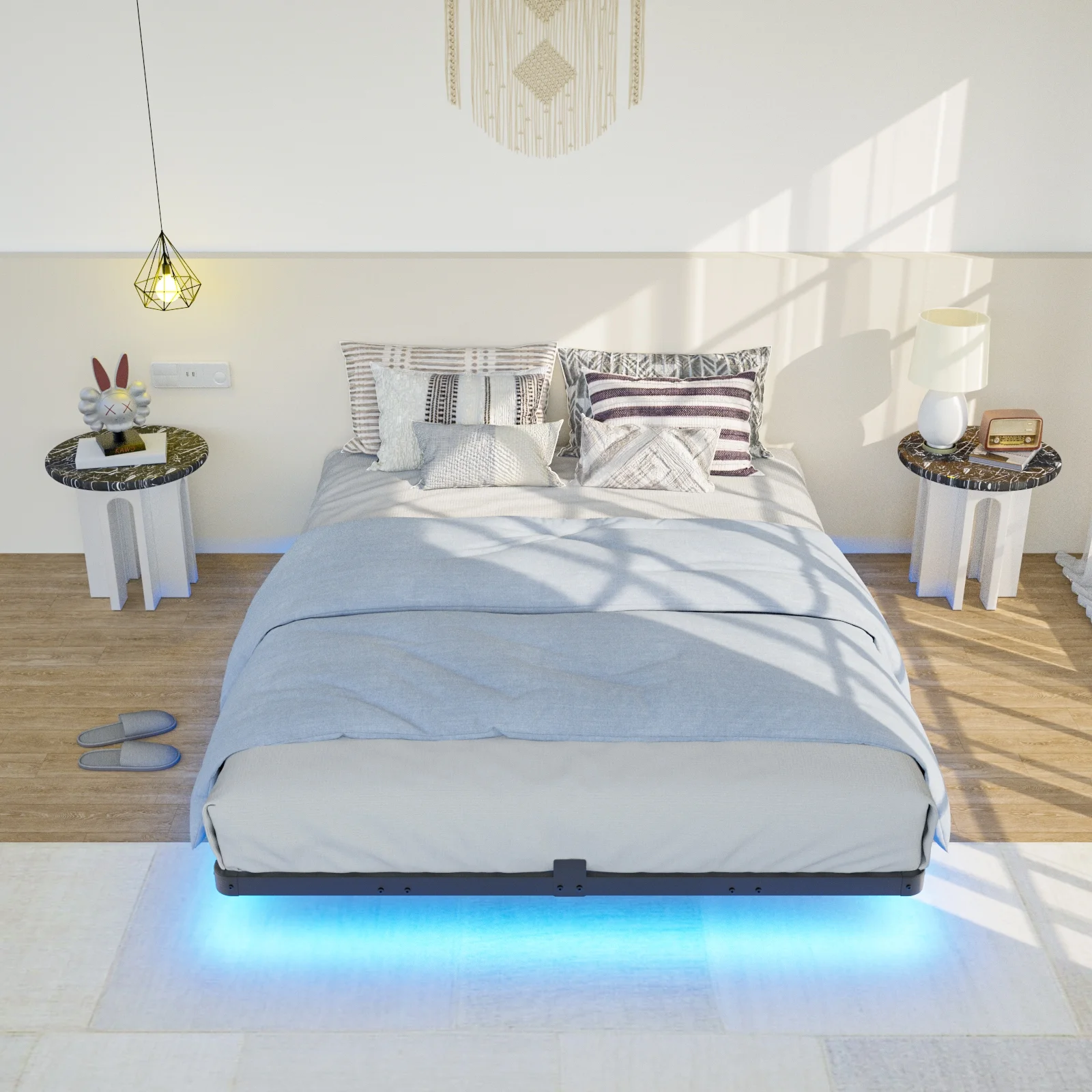 Lusimo Floating Bed Frame with LED Lights Queen Size Metal Platform Bed Frame with 6.1" Under Bed Storage Space No Box Spring Needed, Black - Image 9