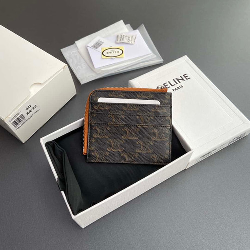 CELINE TRIOMPHE logo printed sheepskin zipper card holder wallet