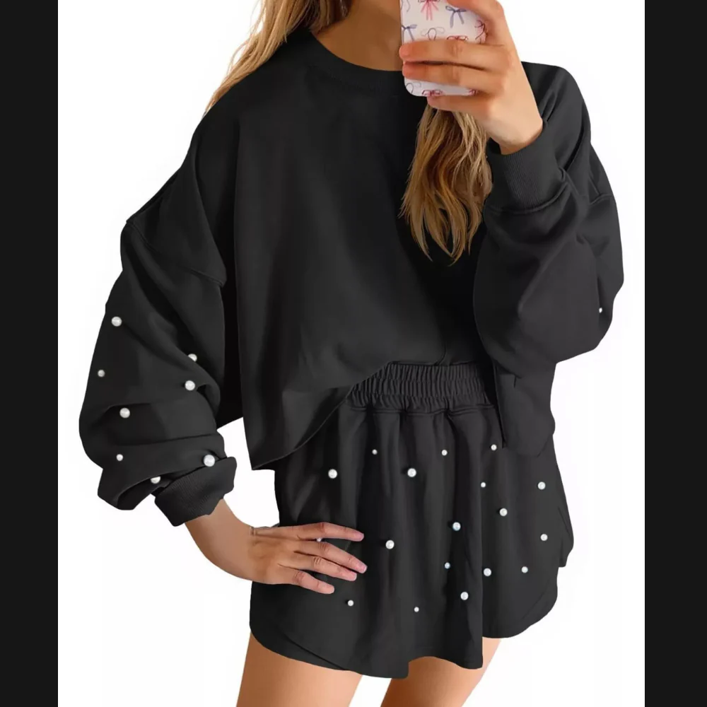 Pearl Embellished Round Neck Top and Skort Set - ZKZOOK