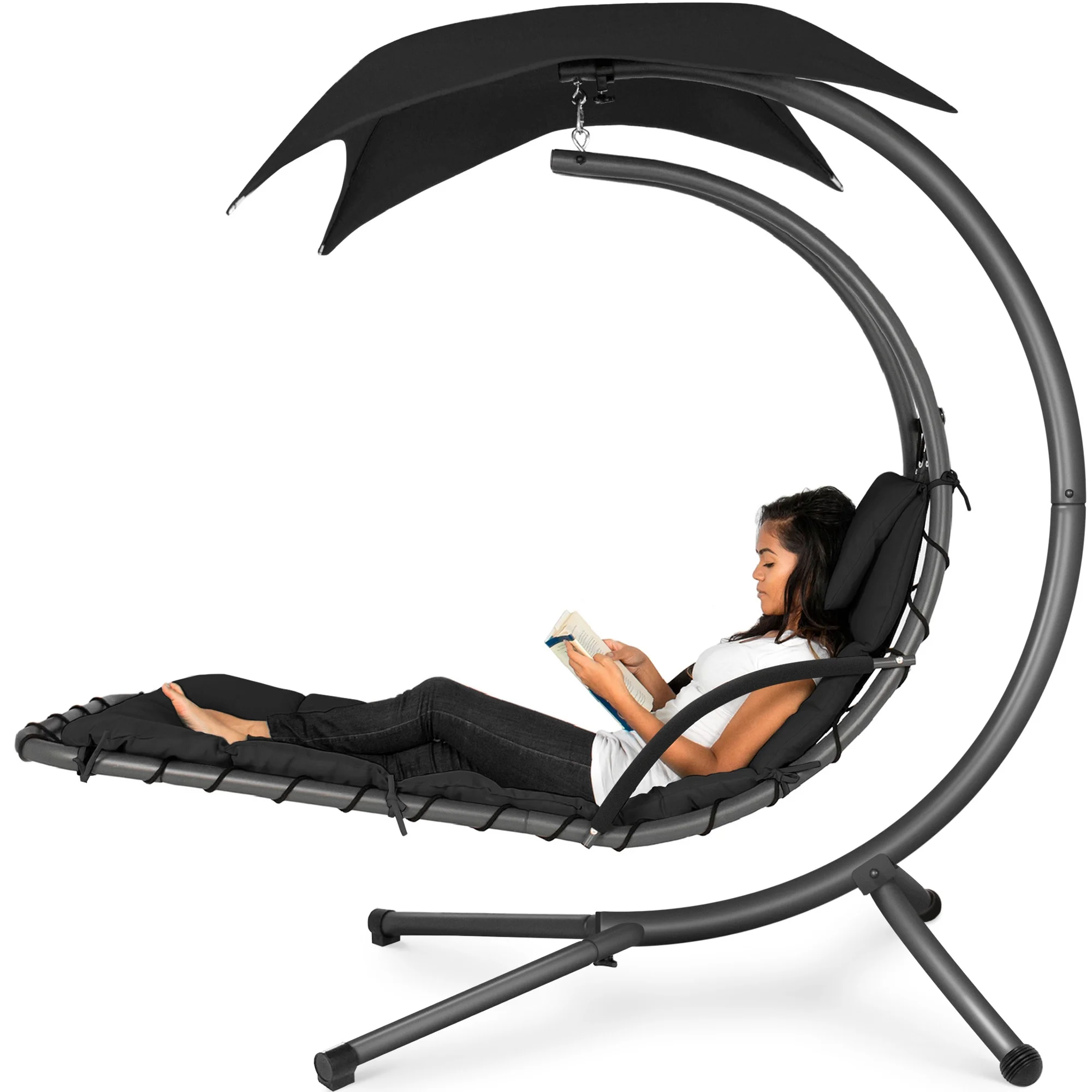 Best Choice Products Hanging Curved Chaise Lounge Chair Swing for Backyard, Patio w/ Pillow, Shade, Stand - Teal - Image 90