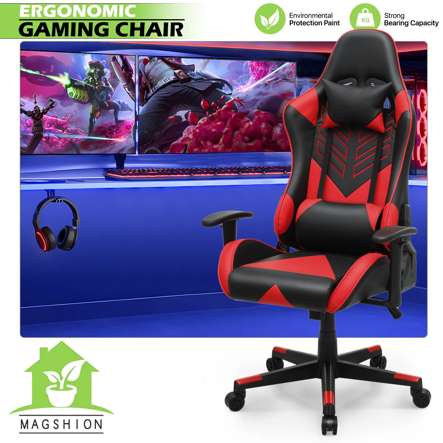Magshion Ergonomic Gaming Chair, Comfortable Gaming Chair, Computer Chair Leather Desk Chair Adjustable Swivel Gaming Office Chair, Blue - Image 27