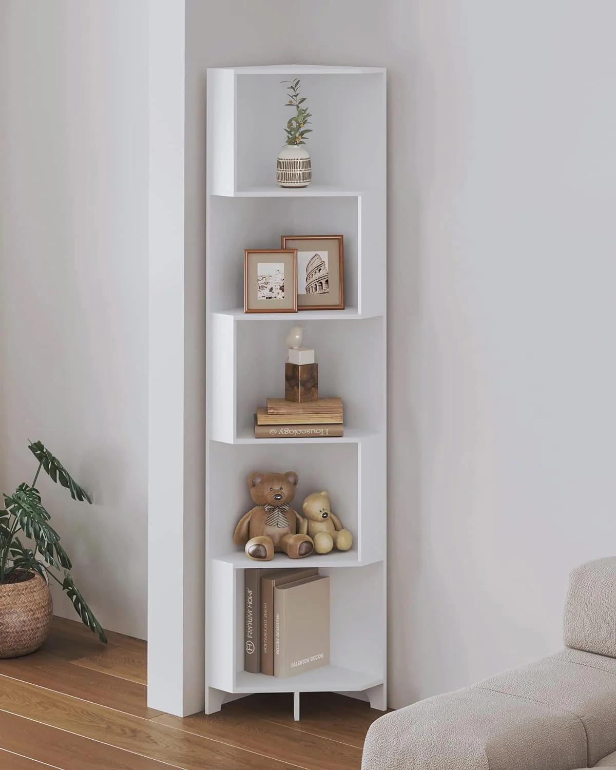Bookshelf Corner Shelf Bookcase, Wooden 5-Tier Book Shelves Display Cabinet For Living Room,Bedroom,Bathroom, White