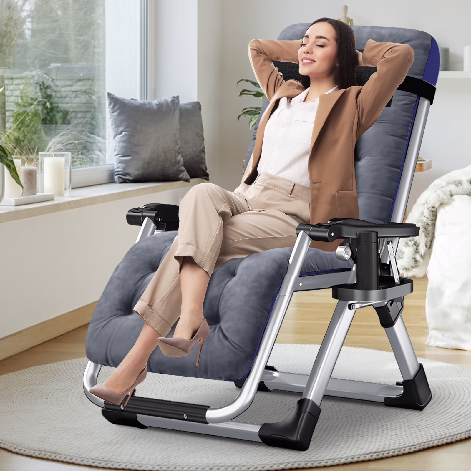 NAIZEA Zero Gravity Chair with Removable Cushion and Cup Holder Black - Image 14