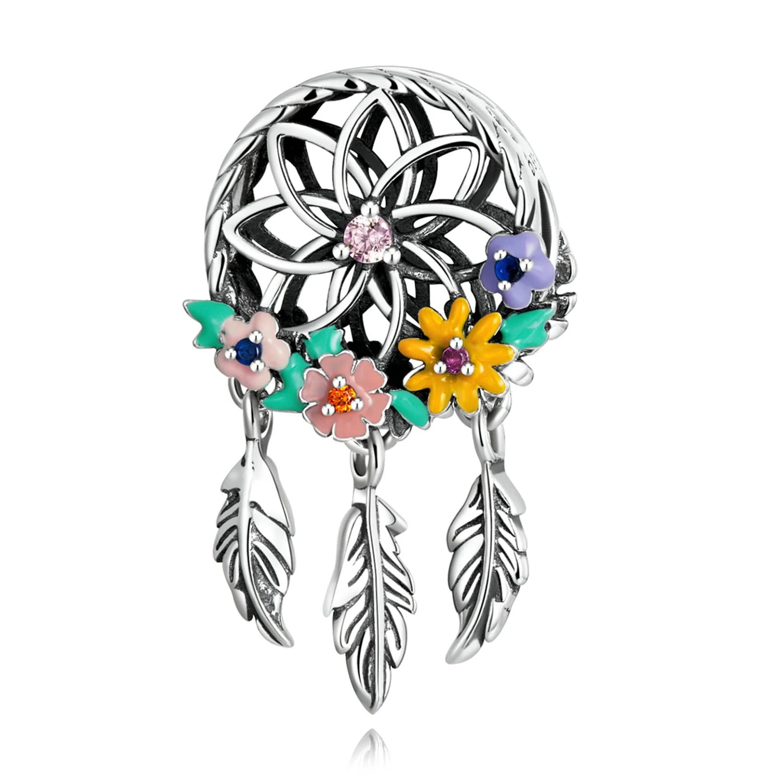 Garland Hollow Dreamcatcher Charm Bead Dangle 925 Sterling Silver Round Wreath Colorful Flower Feather Pendant Charm for Bracelet Necklace Dainty Jewelry Gift for Women Girls