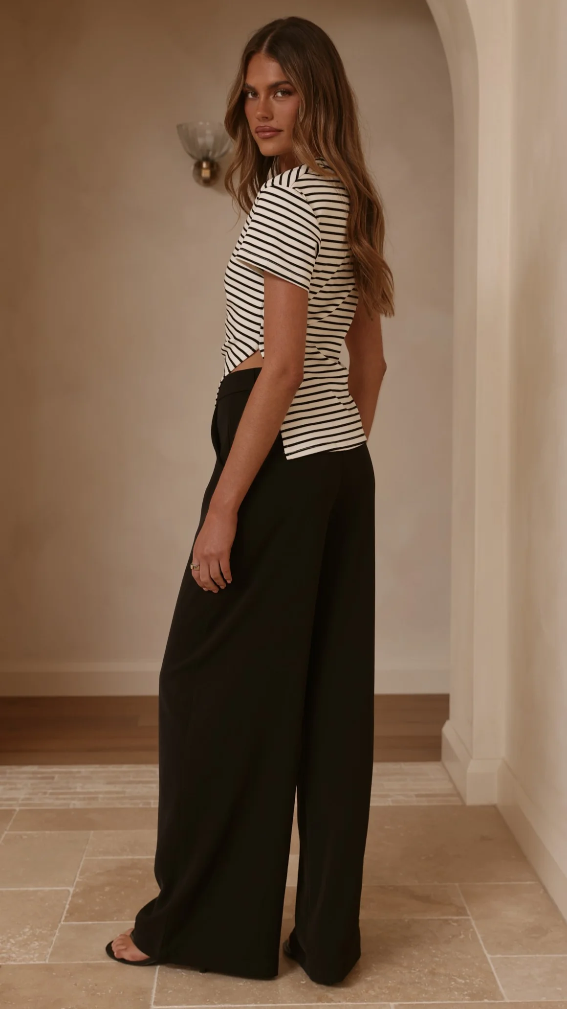Tiarna Side Ruched Tee - Black/White Stripe