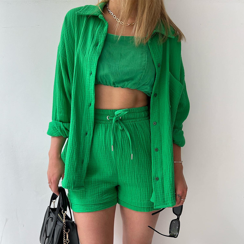 2023 Amazon European and American Women's Fashion Wrinkled Fabric Turn-down Collar Long Sleeve Shirt High Waist Drawstring Shorts Fashion Casual Two-piece Set