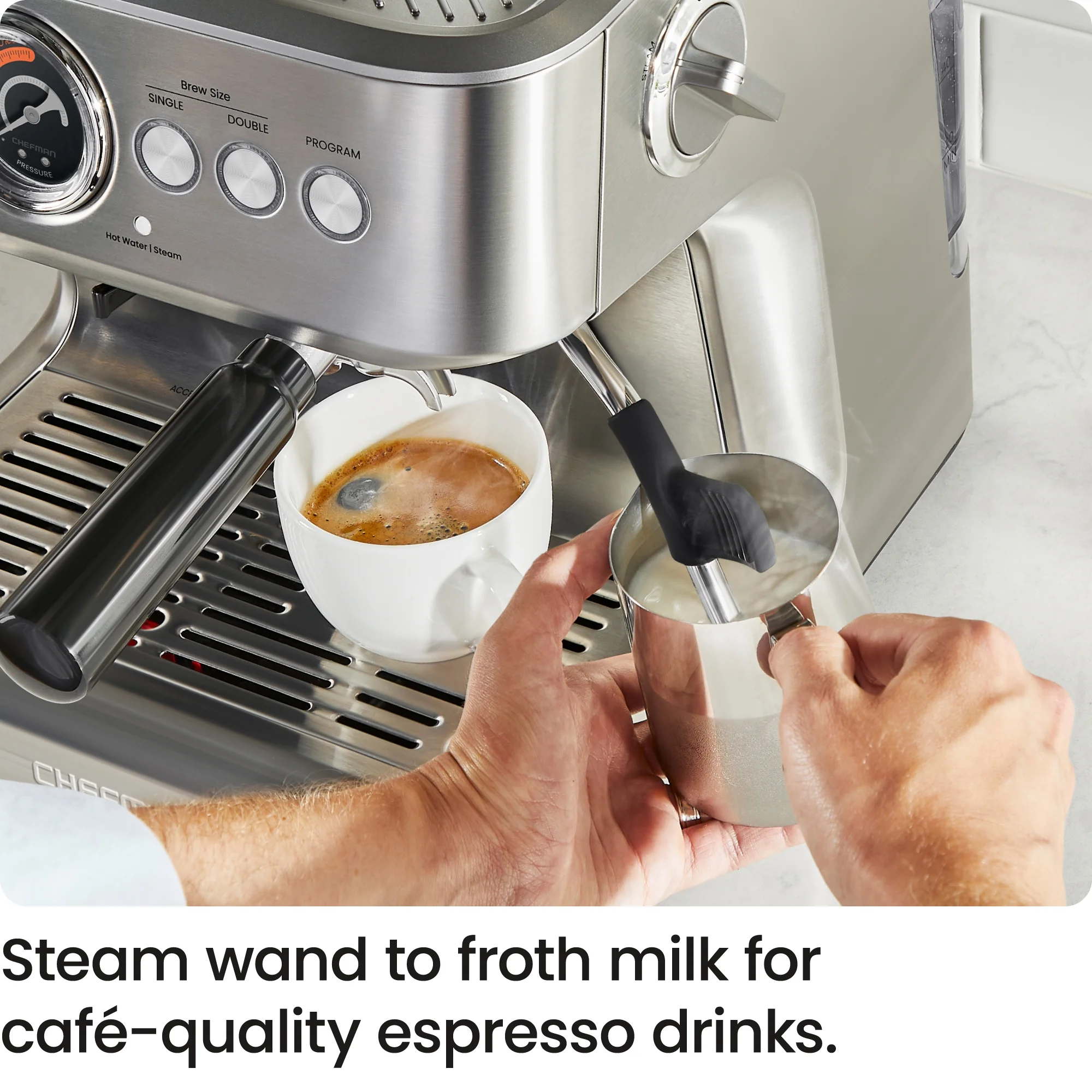 Chefman Crema Supreme Espresso Machine with Conical Burr Grinder and Steam Wand a?? Stainless Steel, New