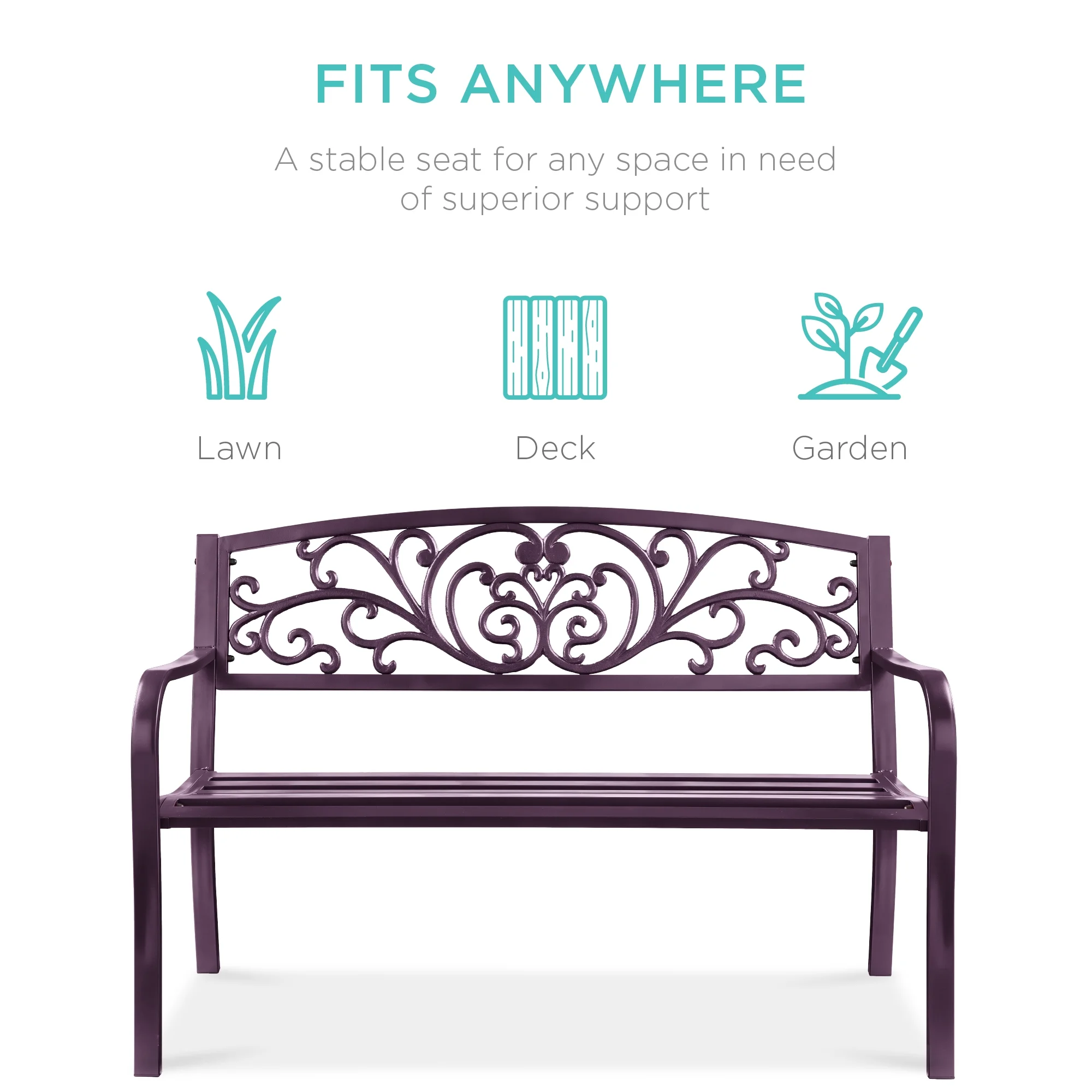 Best Choice Products Outdoor Steel Bench Garden Patio Porch Furniture w/ Floral Design Backrest - Black - Image 51