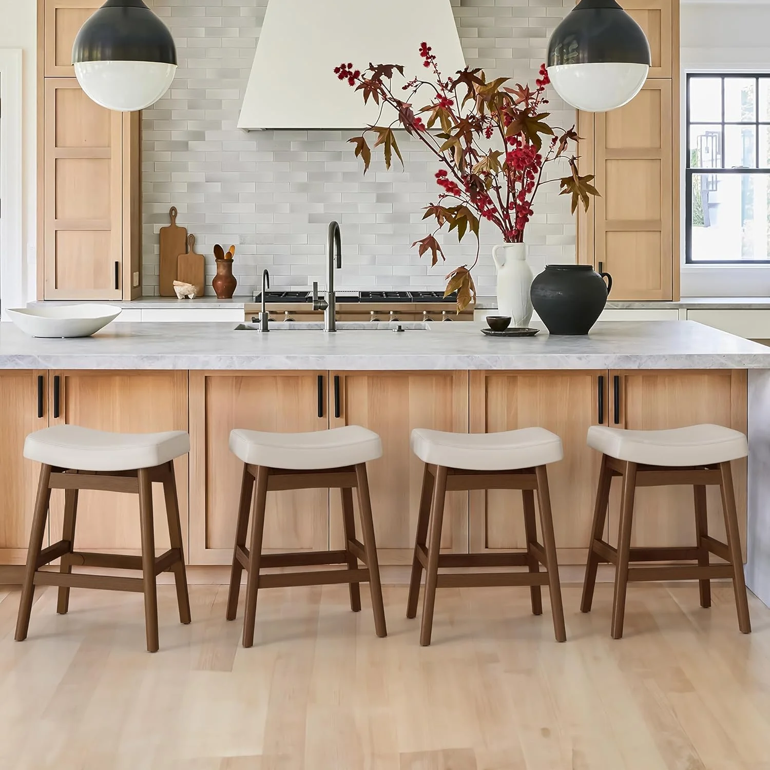 Dycanpo Saddle Seat Counter Height Bar Stools Set of 3 for Kitchen, Dining, 24in, Beige-Fabric - Image 18