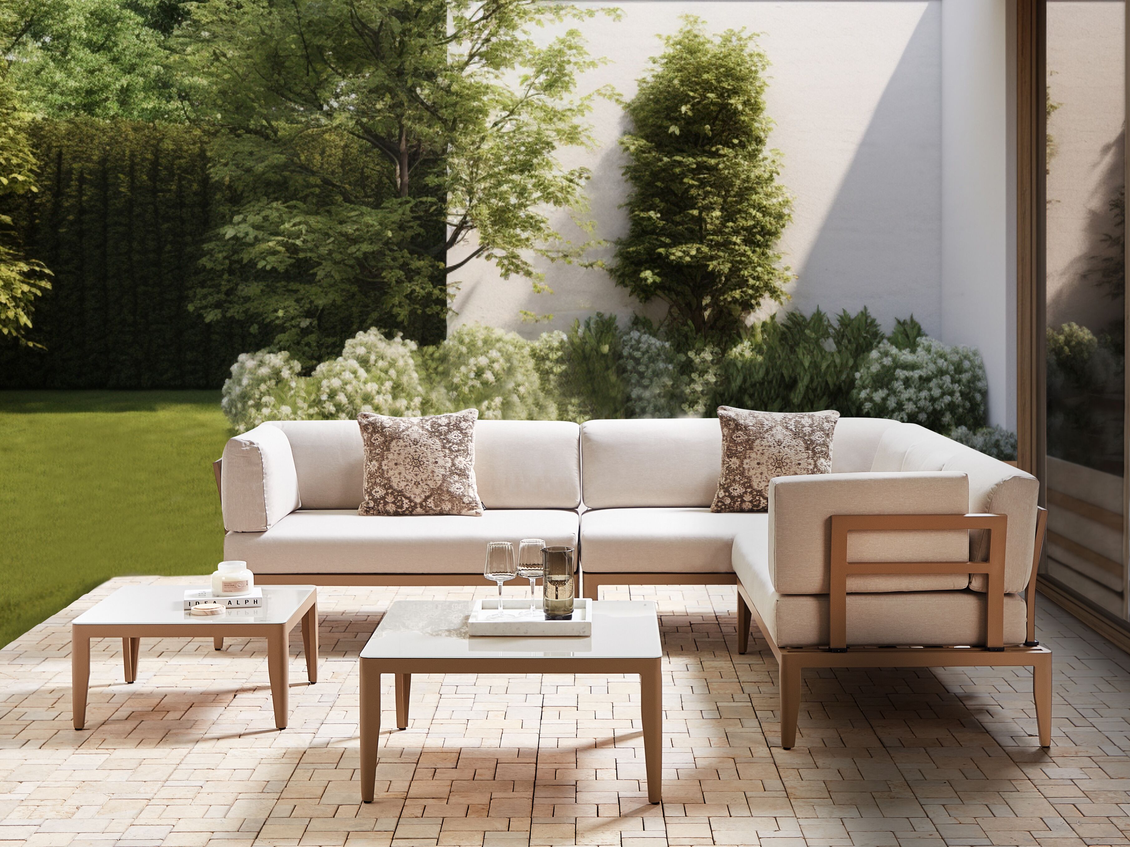 Garden Corner Sofa with Table 6 Seater RIMA III Left Hand Modular Metal Light Beige
