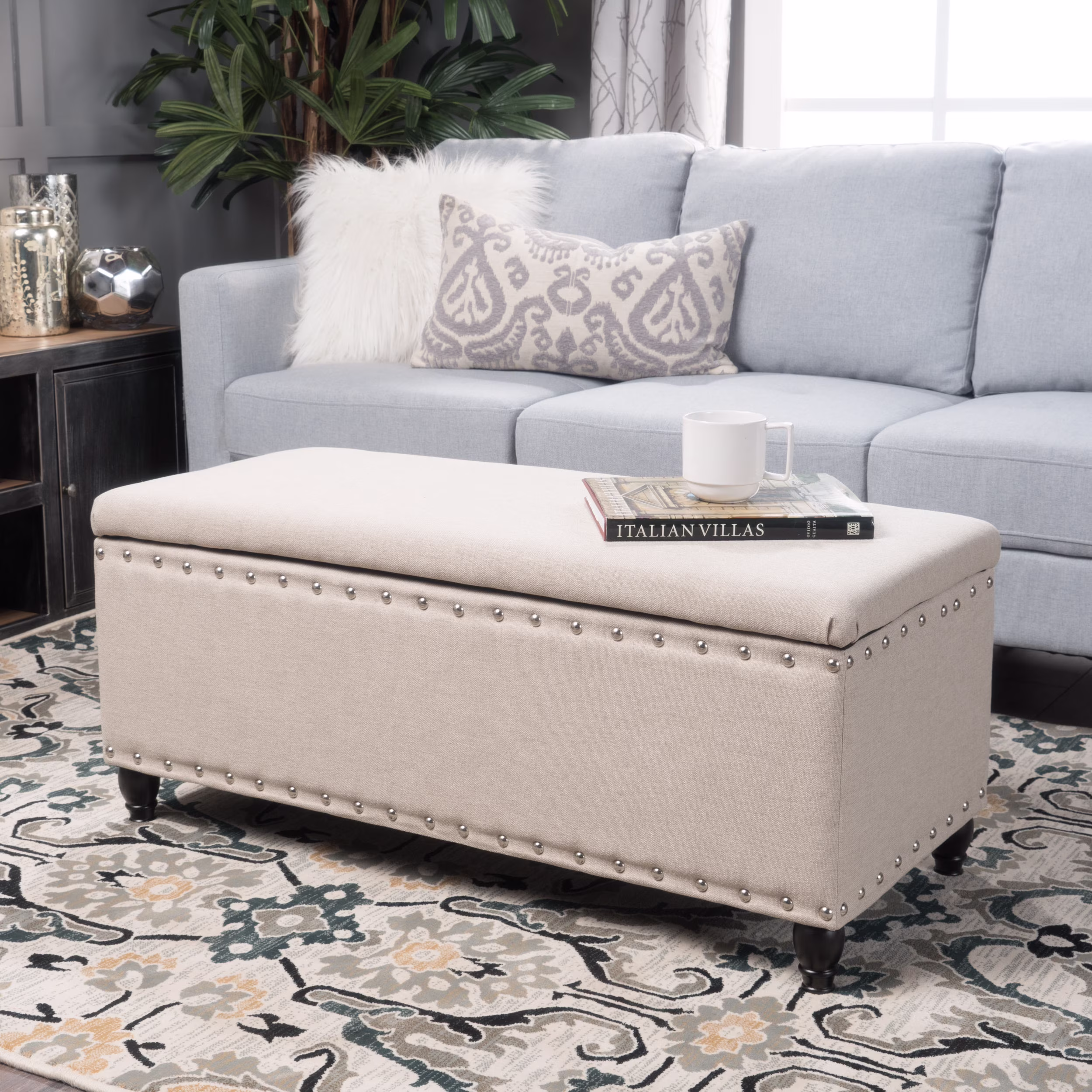 Noble House Hampton Contemporary Fabric Upholstered Storage Ottoman, White and Blue Floral - Image 24