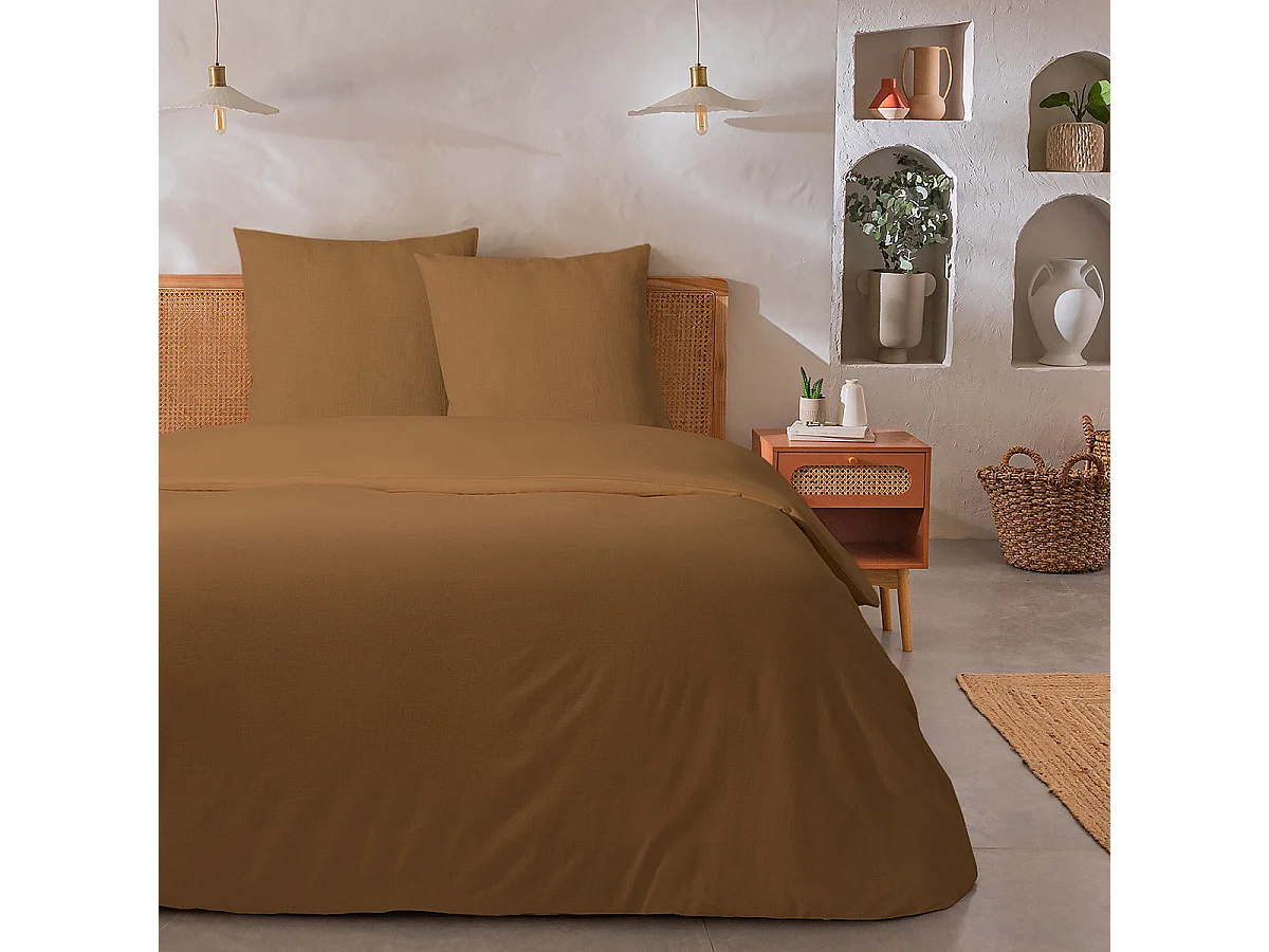 Parure de lit 2 personnes unie effet lin 260x240cm