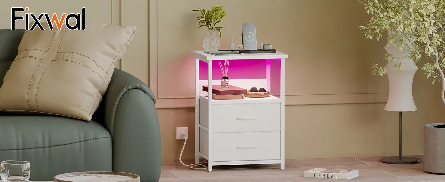 Fixwal White LED Nightstand Living Room Scene