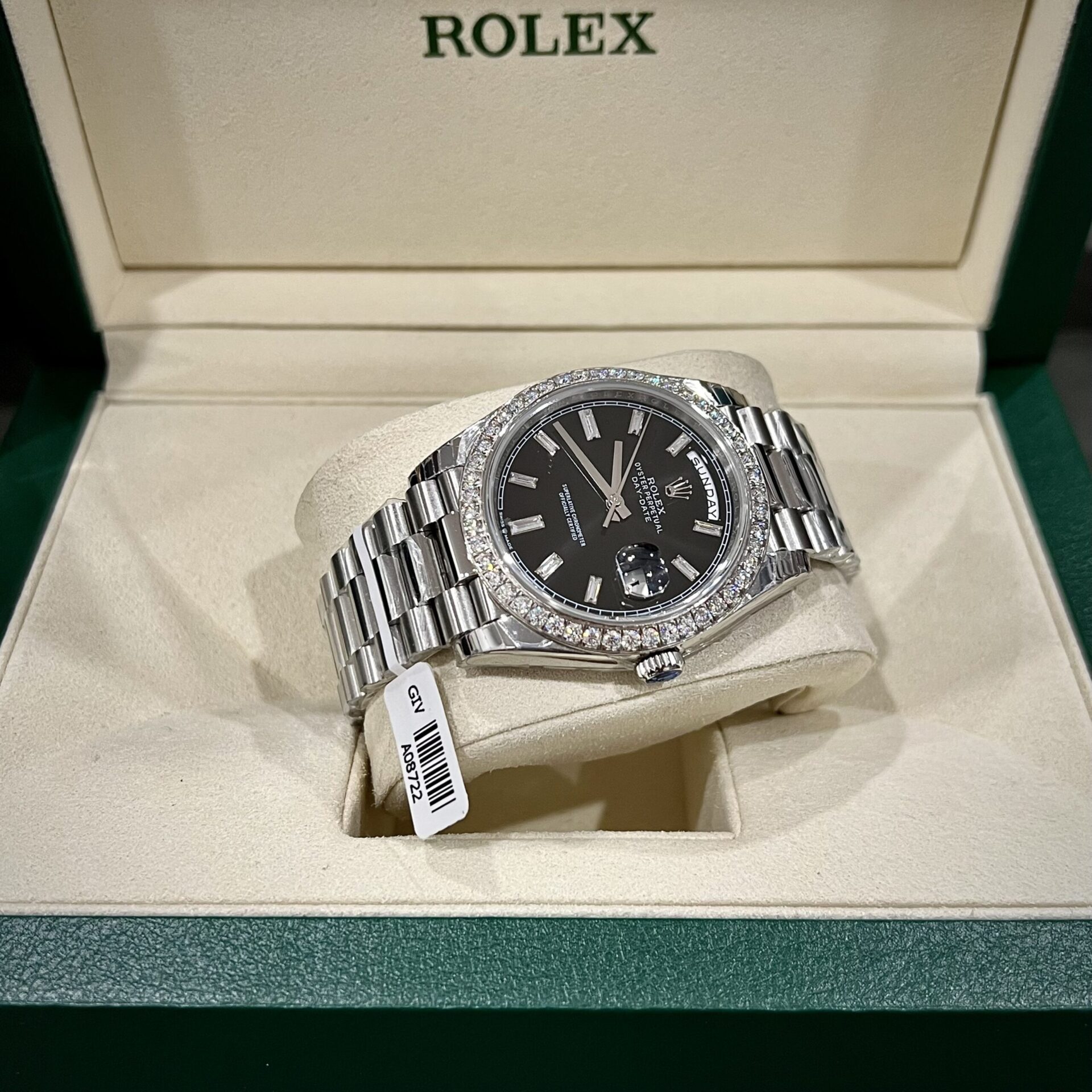 Rolex Day-Date Replica Watch Black Dial Custom Moissanite Diamonds 40mm - Top club