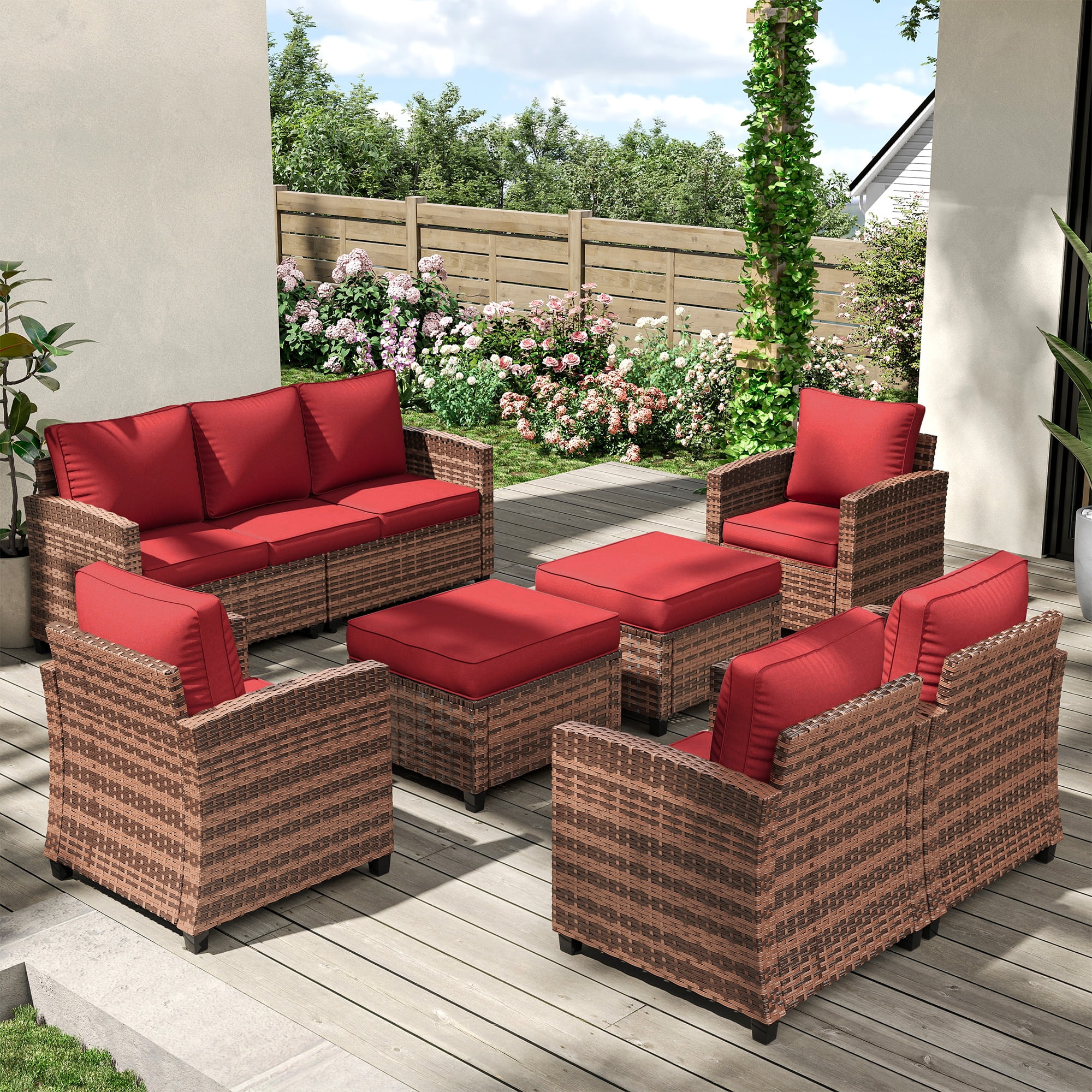 POTEBAN Patio Furniture Set, 7 Pieces Outdoor Sectional Sofa Couch with Chairs, Ottomans and Comfy Cushions, All Weather Wicker Rattan Patio Conversation Set for Garden Backyard Wine Red