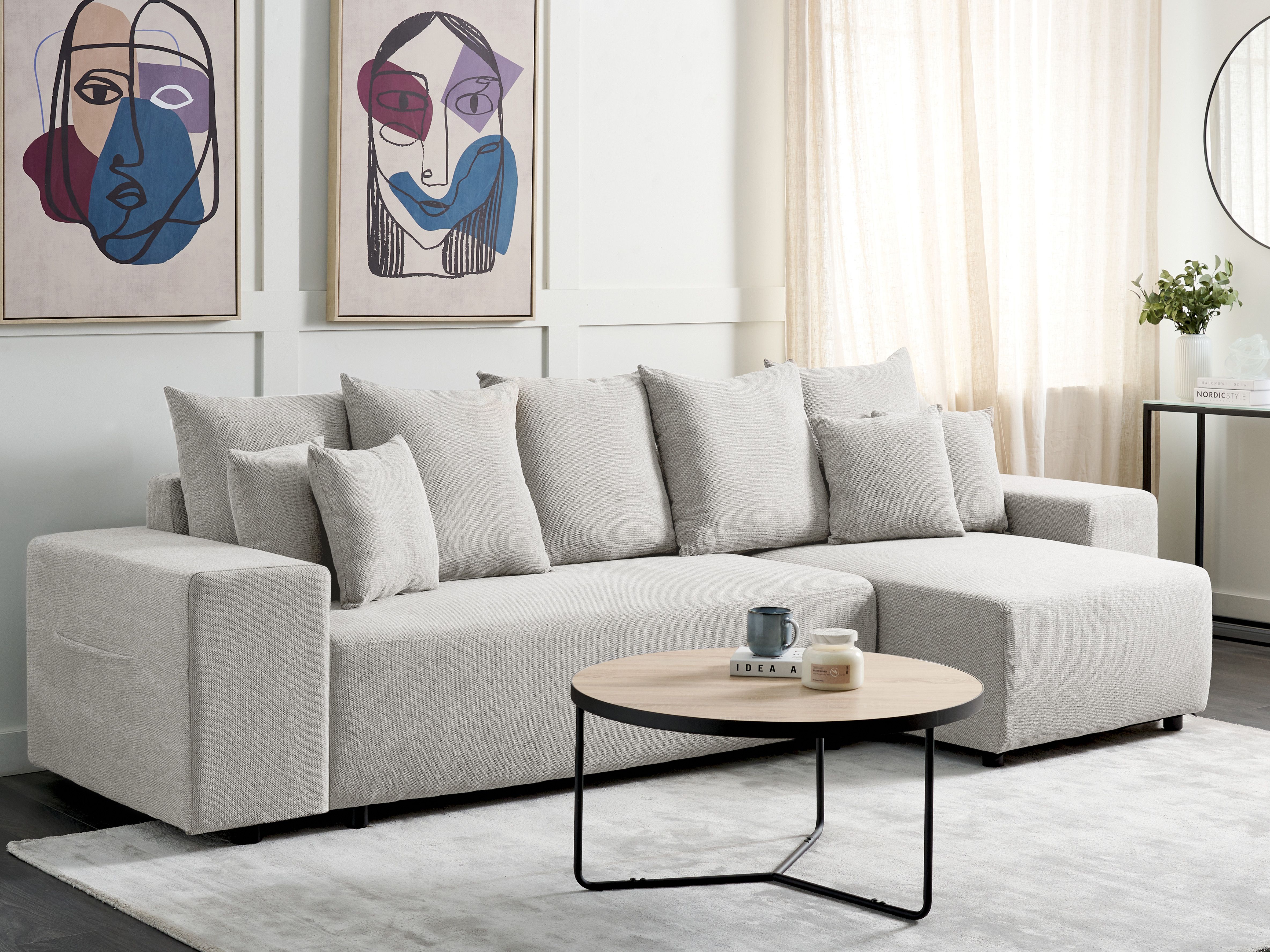 Corner Sofa Bed 3 Seater LUSPA Fabric Light Grey with Storage Left Hand