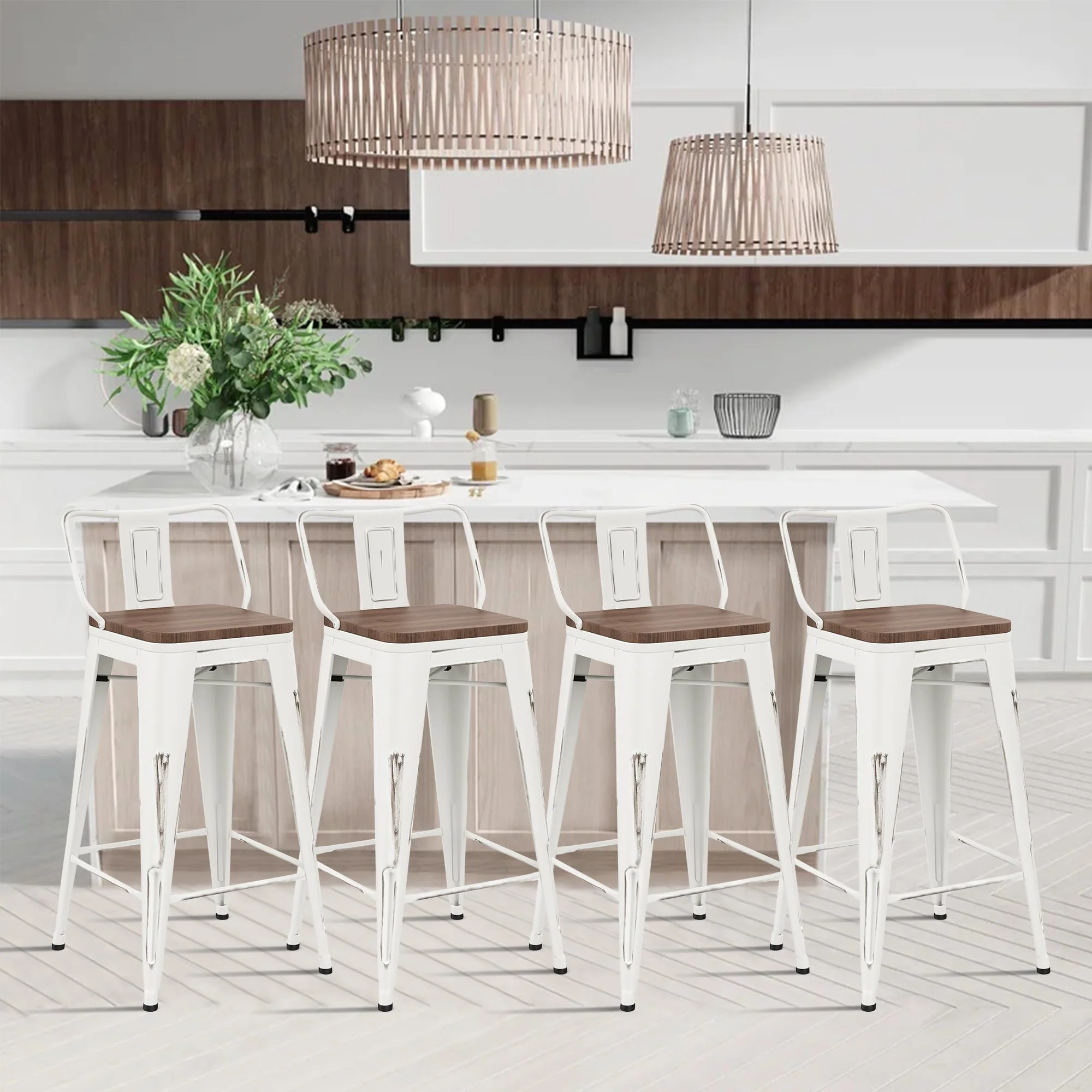 Andeworld Bar Stools Set of 4 Counter Height Stools Industrial Metal Barstools with Wooden Seats( 24 Inch, Distressed White ) - Image 7