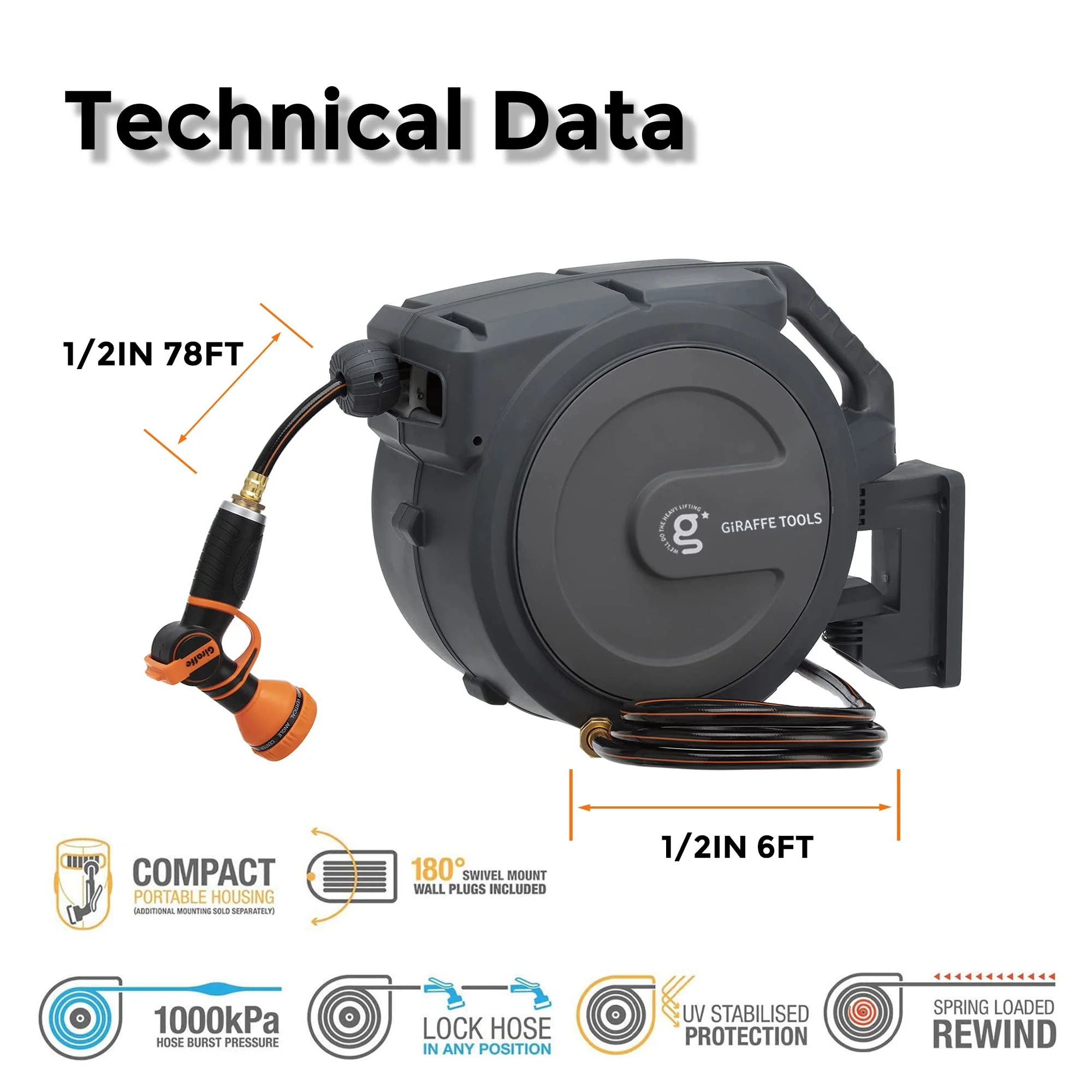 Giraffe Tools Retractable Garden Hose Reel with 1/2in-100ft Water Hose, Plastic Bracket, Wall Mounted, Dark Grey - Image 52
