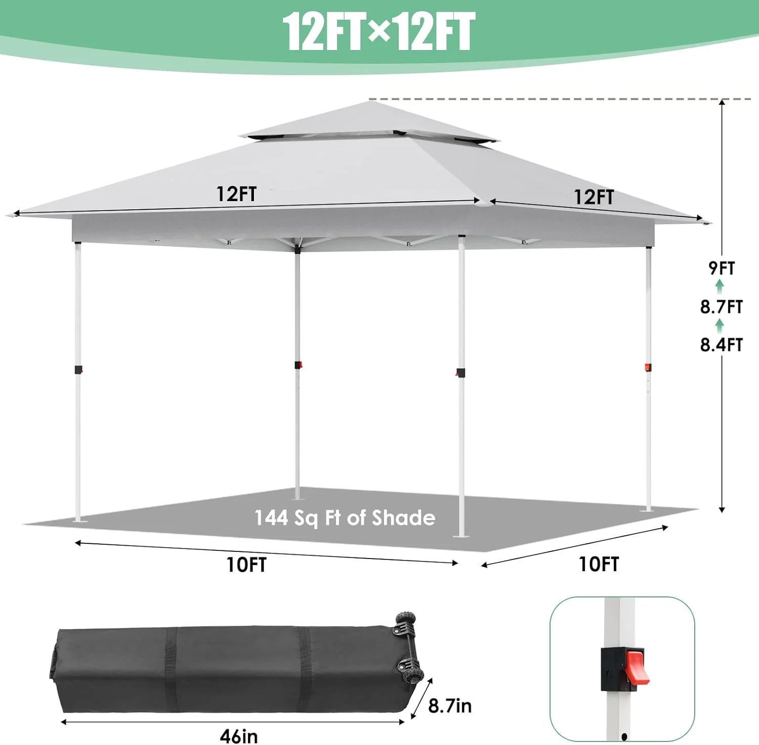 Pirecart 12' x 12' Pop-up Canopy Tent Waterproof Outdoor Gazebo Shelter with Wheeled Bag, Instand Canopy , White - Image 2