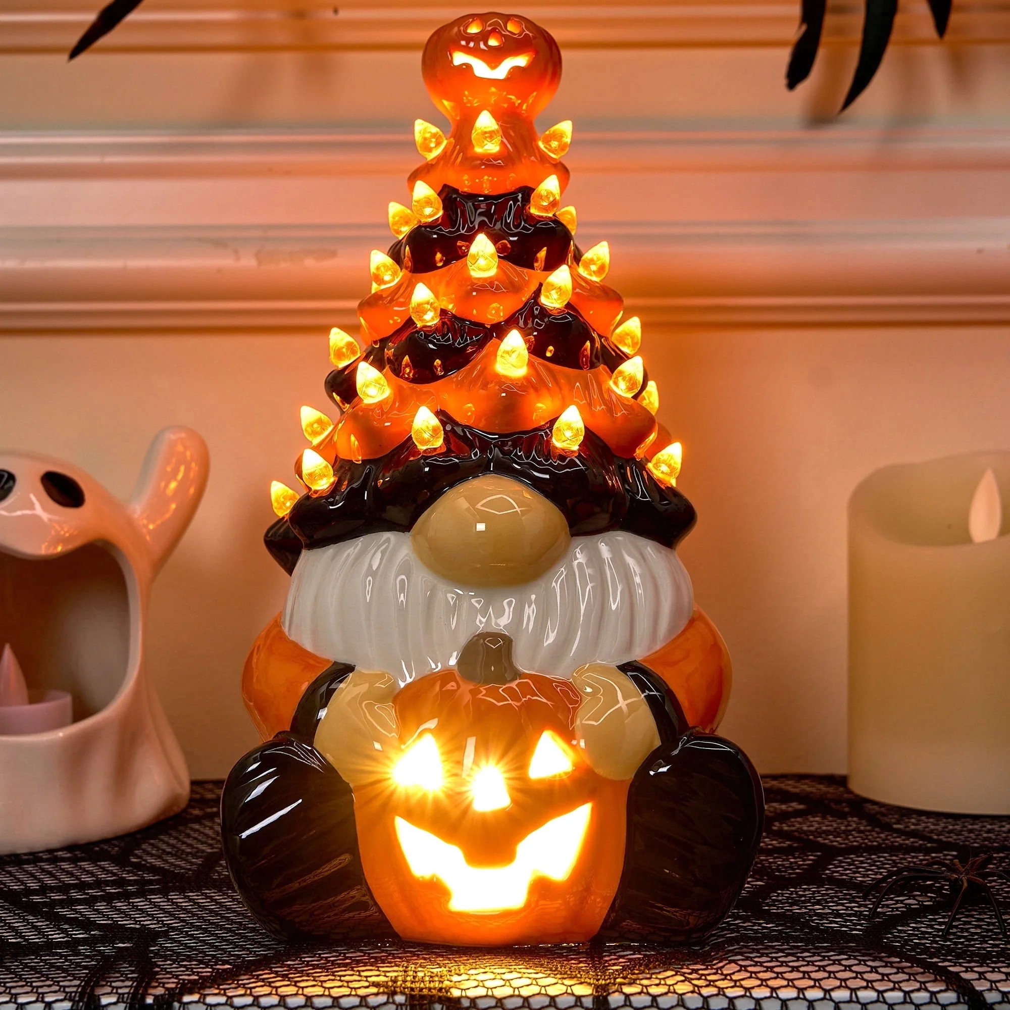 Joyfy 8.5 inch Halloween Decorations Ceramic Gnome Tree Decorations with Build-in LEDs, Light Up Pumpkin Table Decor Bedroom Indoor Centerpieces for Tables