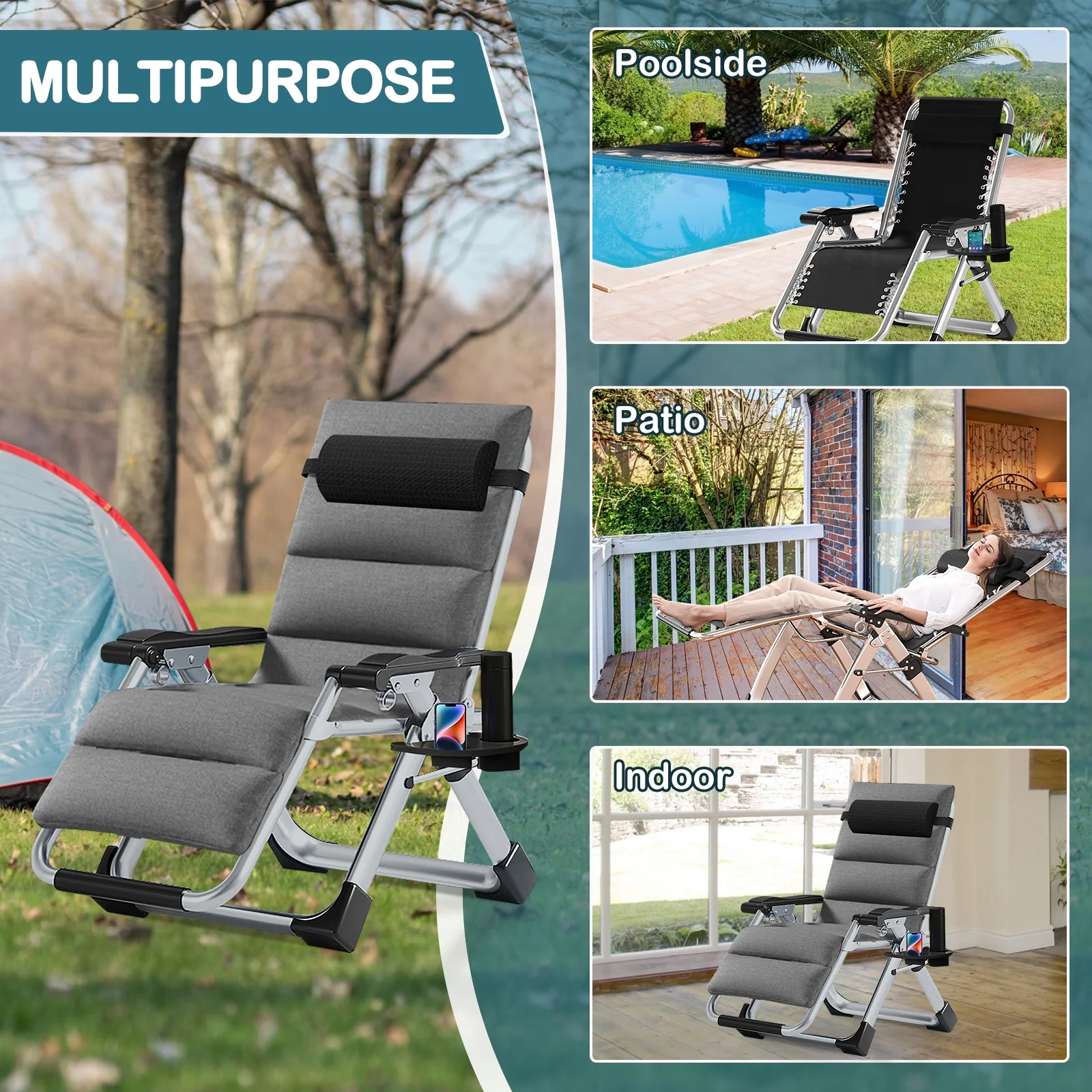 NAIZEA Zero Gravity Chair with Removable Cushion and Cup Holder Black - Image 53