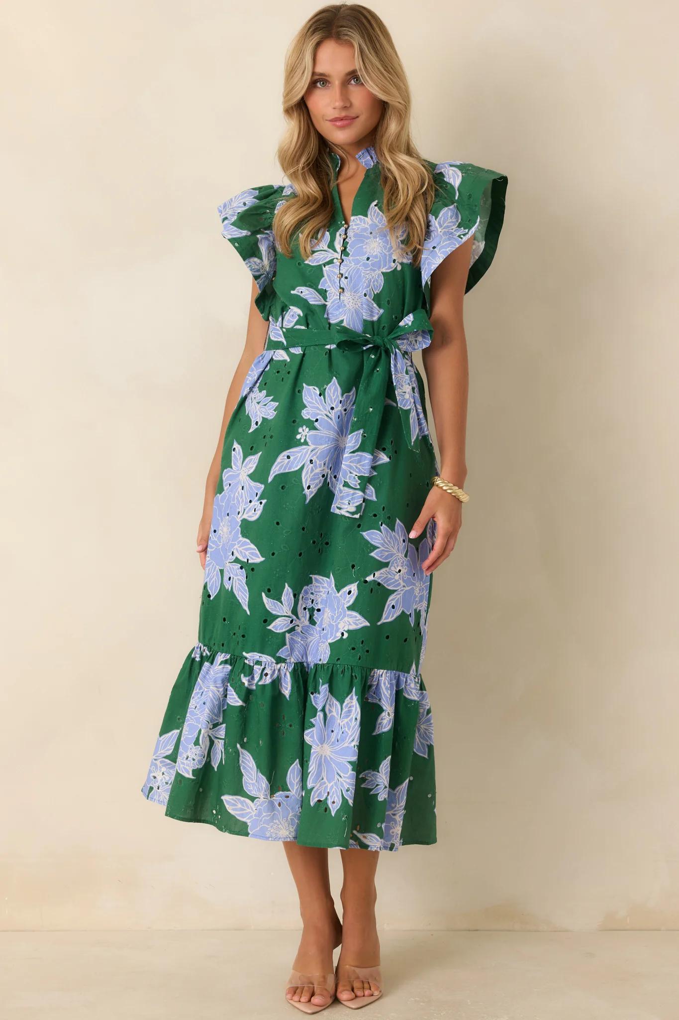 Fresh Air Affair Hunter Green & Blue Floral Cotton Eyelet Midi Dress