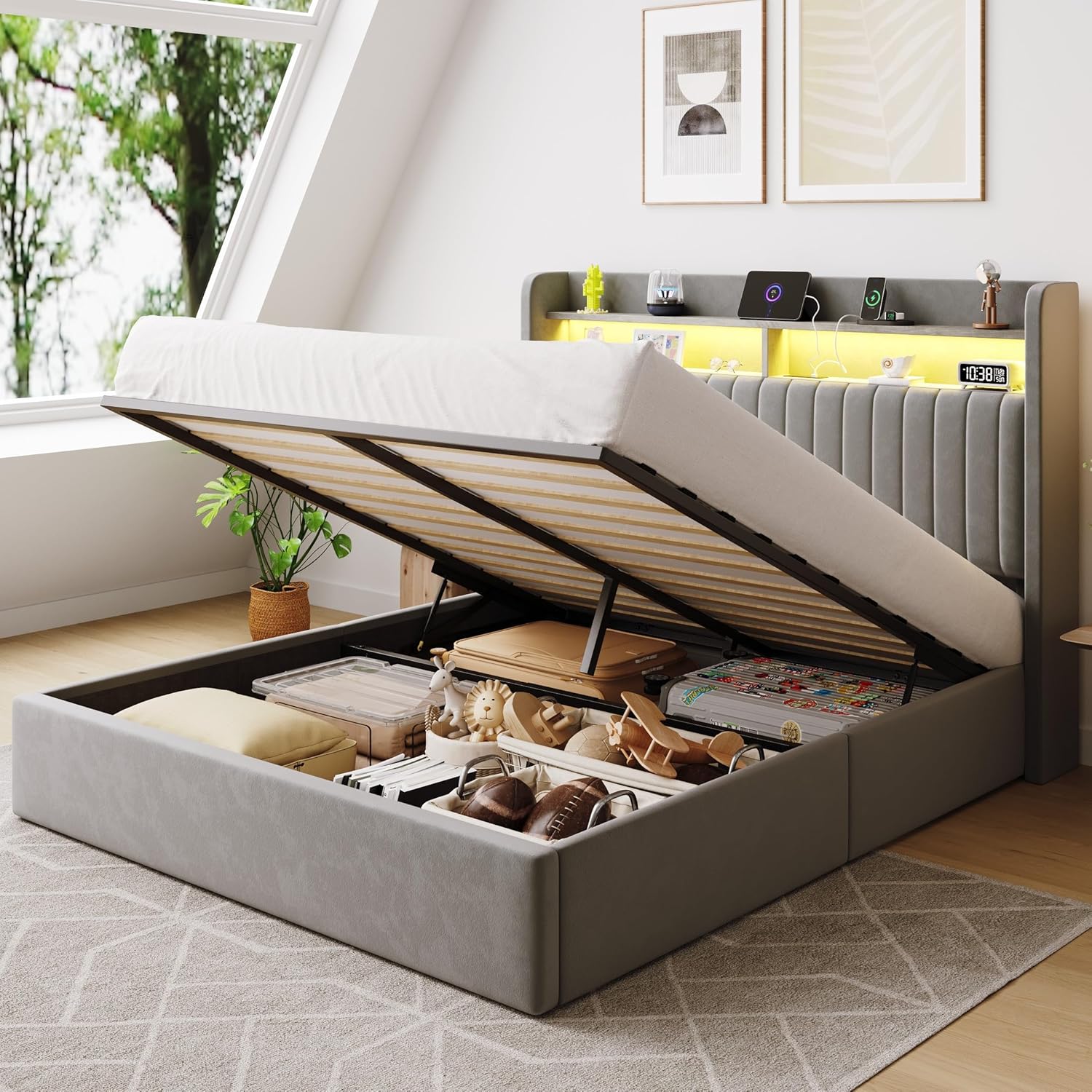 SHA CERLIN Queen Size Lift Up Storage Bed Frame/LED Lights/Charging Station/2-Tier Shelves Headboard/USB,Type-C Ports/Velvet Upholstered/Hydraulic Support/No Box Spring Needed/Noise Free/Gray