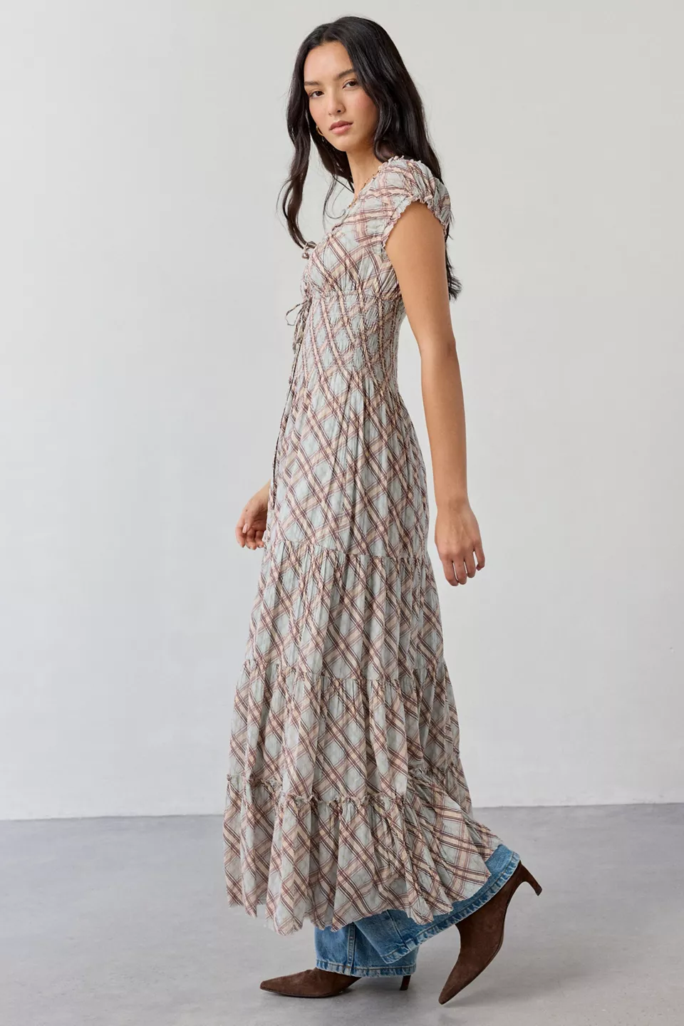 Kimchi Blue Samira Puff Sleeve Smocked Button-Front Layering Maxi Dress - Blue Multi